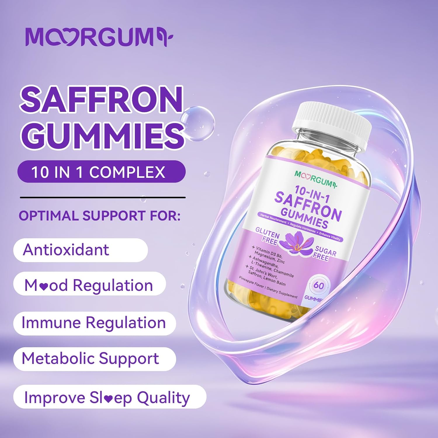 Saffron Gummies for Adult Kids, 10-IN-1 Cortisol Support Supplement with Saffron 88.5mg, Vitamin D3, B6, Magnesium, Zinc, Ashwagandha, L-Theanine, St. John's Wort, For Emotions, Slumber, 120 Count