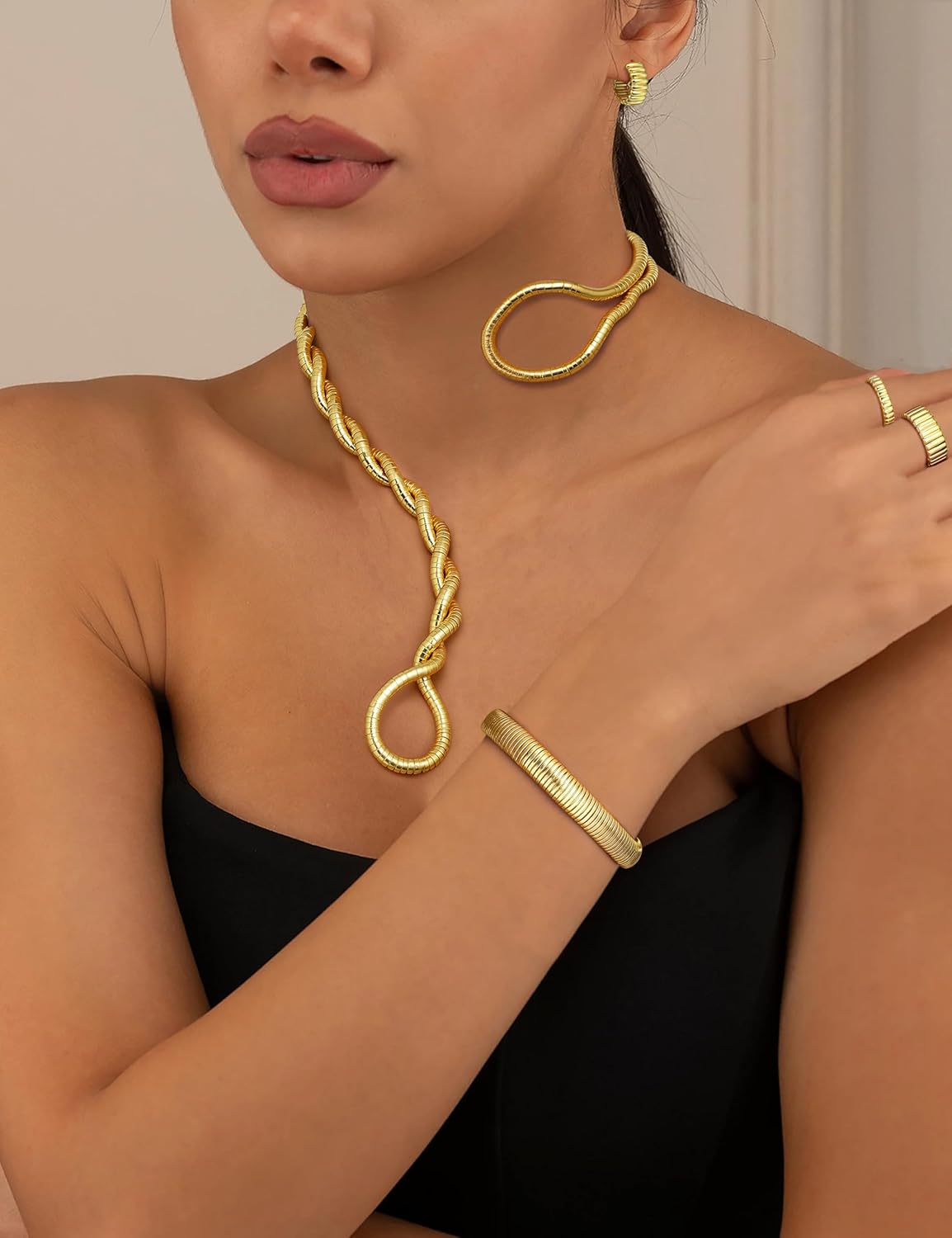 JeryWe Gold Statement Jewelry Set for Women 14K Gold Plated Choker Necklace Chunky Bangle Bracelet Stackable Knuckle Rings Hypoallergenic Hoop Earring Stack Trendy Jewelry Sets Fashion Accessories for Women - Image 5