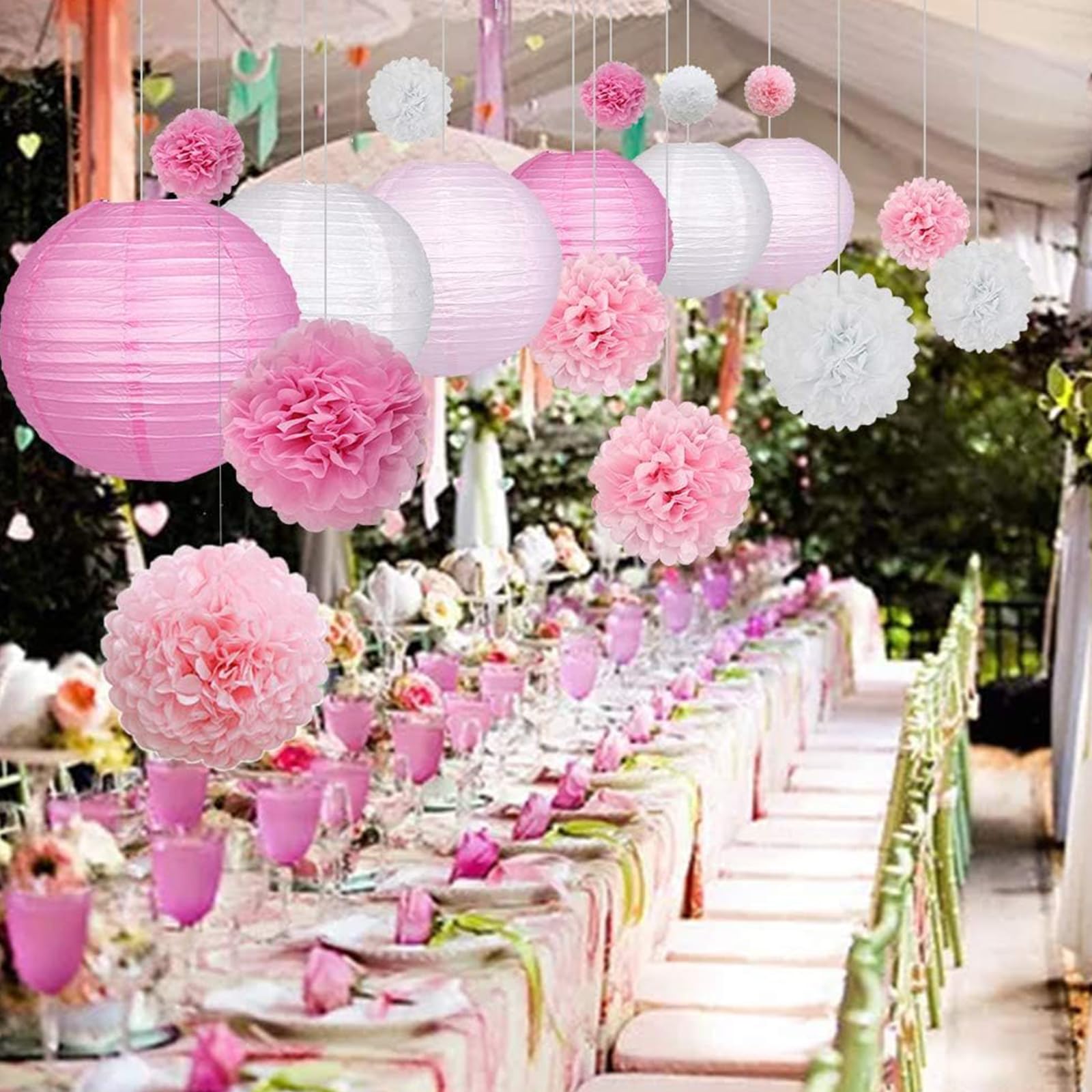 Celehappy Pink Paper Lanterns Decoration Tissue Paper Pom Poms Paper Flower 18pcs Party Decorations for Baby Shower Wedding Valentine Birthday Party - Hot Pink/Pink/White