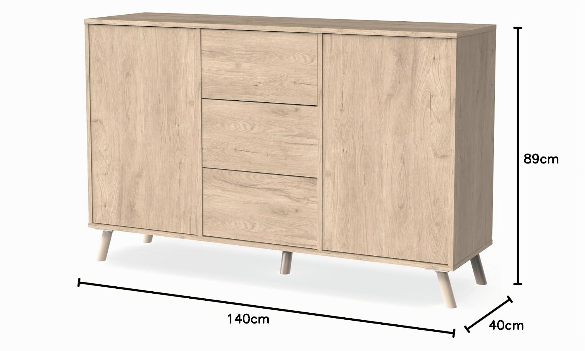 MUEBLES PITARCH | Aparador Salón Comedor, Buffet, Mueble Auxiliar, 2 Puertas y 3 Cajones, Roble Aurora, 89x140x40cm, Despensa, Cocina, Despacho, Tirador Push o Pulsador, Moderno, Nórdico, Modelo Oslo