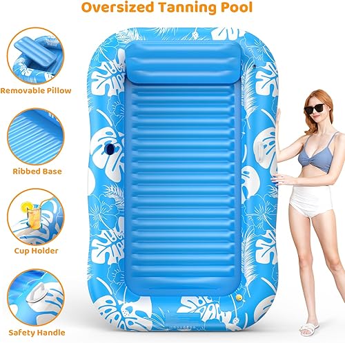 Miniatura 6 de Inflatable Tanning Pool Lounger Float with Sprinkler, 77" x 48" Pool Floats Adult with Pillow, 6 in 1 Suntan Tub Raft Floatie with Drink Holder