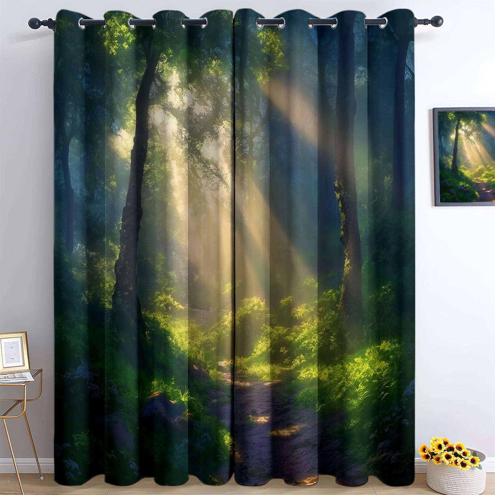 Sunlight penetrates mysterious forest Blackout Eyelet Curtains 72 Inch Drop, green Energy Saving Thermal & Noise Reducing Drapes for Bedroom or Living Room - 2 Panels, Total 132"W x 72"L (336x183cm)