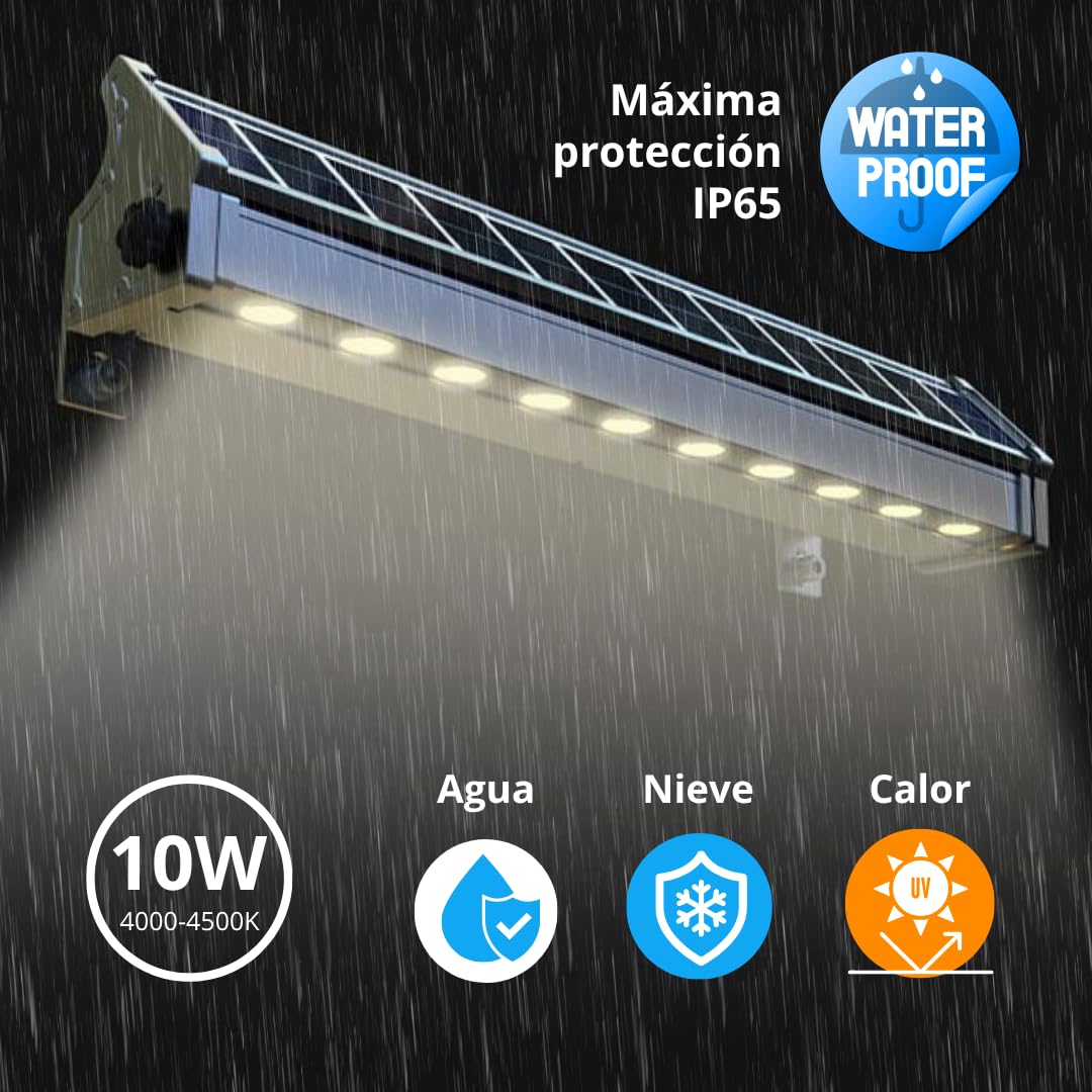 Bañador de Pared LED Solar 10W, IP65 Impermeable, Luz 4000K, Autonomía 24h, Sin Cables, Automático, Panel Solar Integrado, Foco Solar Exterior Jardín, Fachada, Terraza