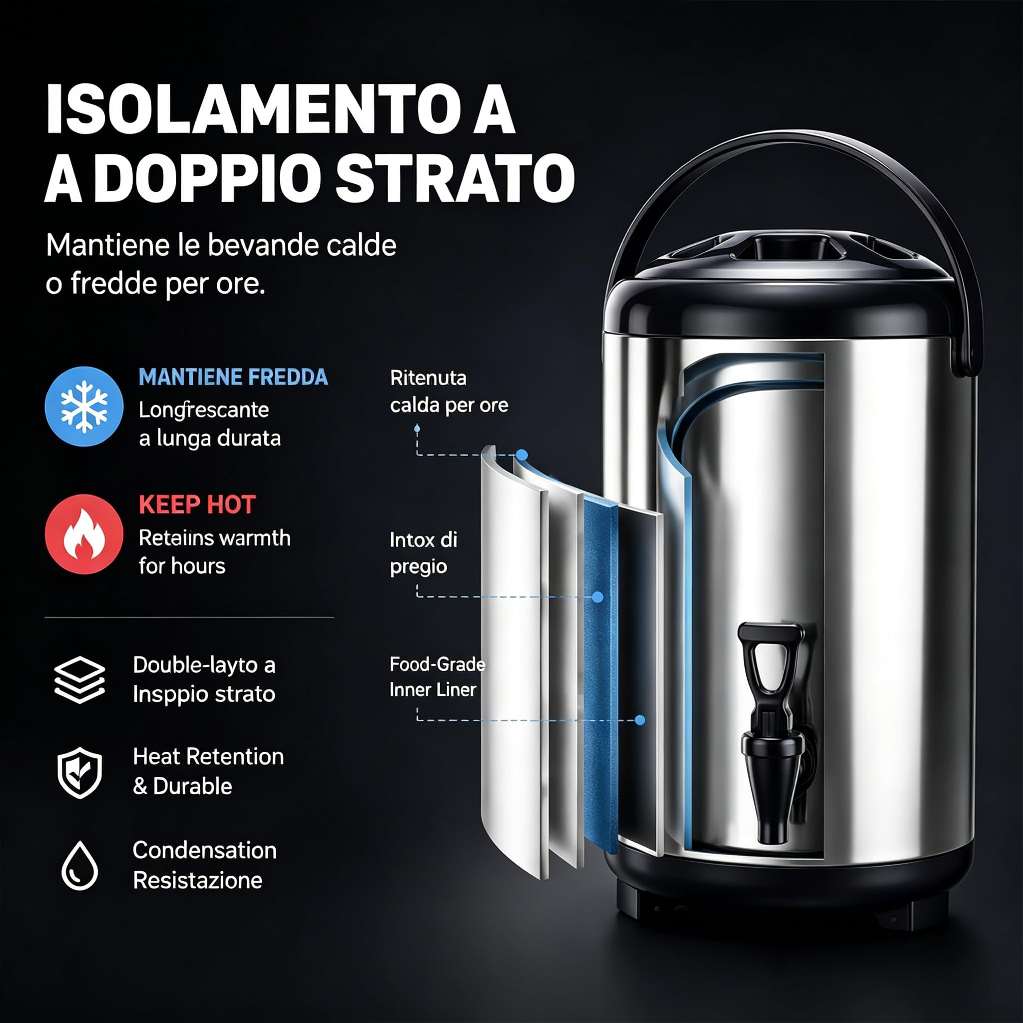 Distributore Di Bevande In Acciaio Inossidabile, Secchio Isolato 8L Per Bevande Calde E Fredde Con Rubinetto Per Tè Al Latte