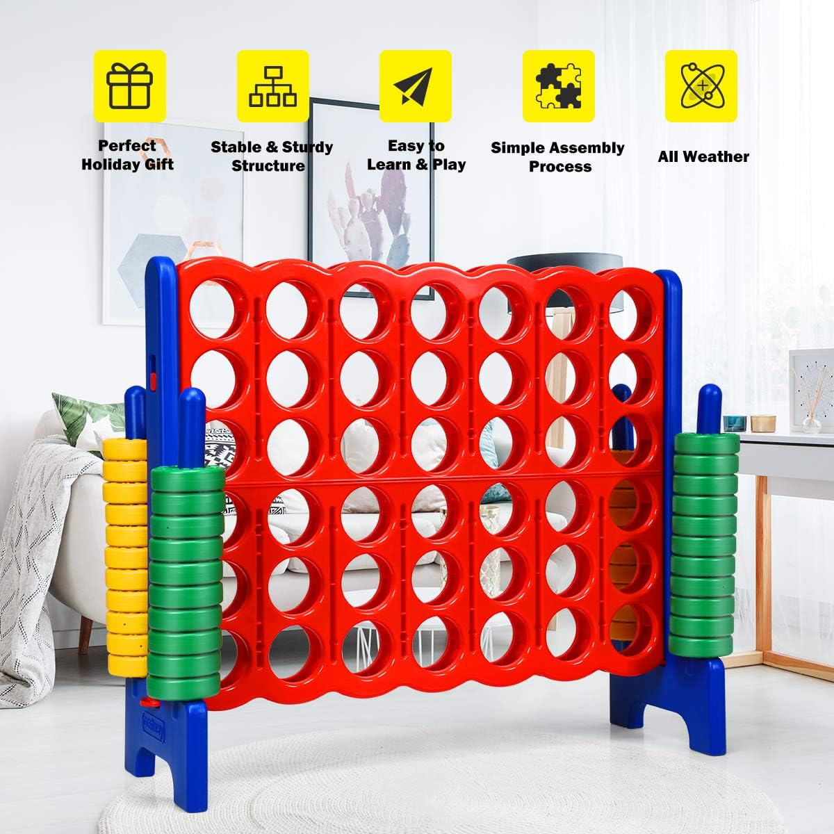 COSTWAY Jumbo 4-to-Score Giant Game Set, 4 in A Row for Kids and Adults, 3.5FT Tall Indoor & Outdoor Game Set with 42 Jumbo Rings & Quick-Release Slider, Perfect for Holiday Party & Family Game - Image 6