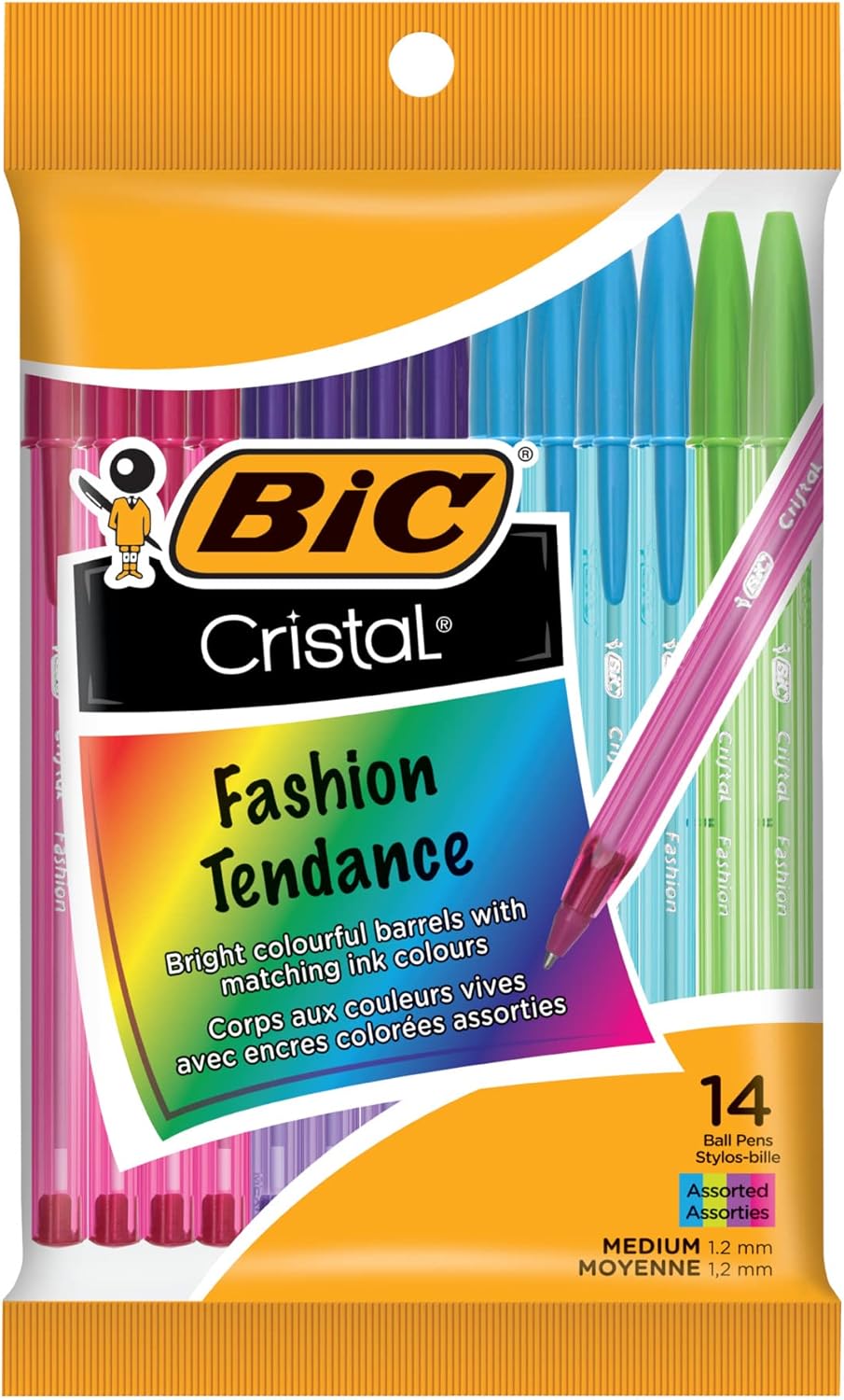 BIC Cristal Orginal Ballpoint Pen, Medium Point (1.0mm), With Tungsten Carbide Ball For Smooth Flow, Assorted Colours, 14-Count