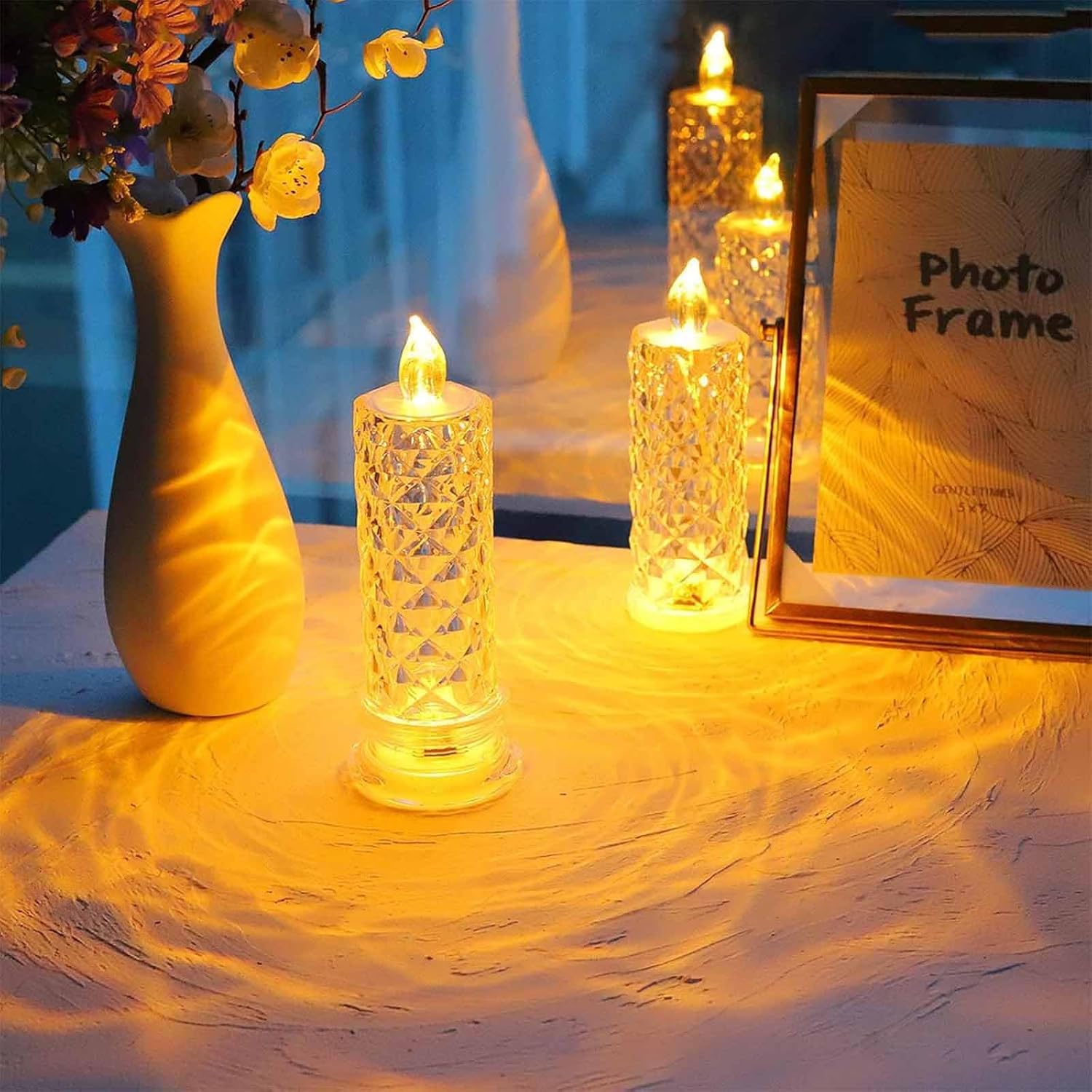 2025 New LED Crystal Candle Lights, Rose Shadow LED Flameless Candles, Safe Flameless Design, Long Lasting, Create Romantic Ambience for Wedding Christmas Decorations (White, 6 PCS)