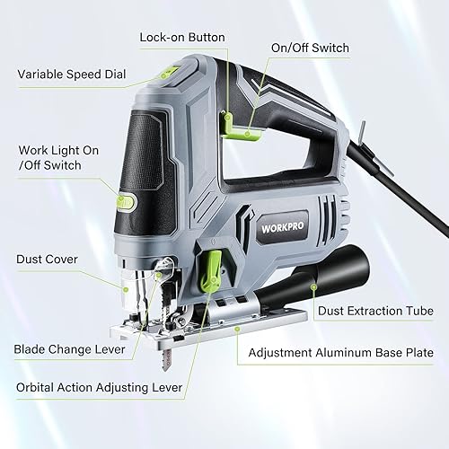 Miniatura 2 de WORKPRO Rompecabezas, 6.5AMP 850W Kit de herramientas de sierra de calar eléctrica con cable con 6 velocidades variables, 7 cuchillas, corte