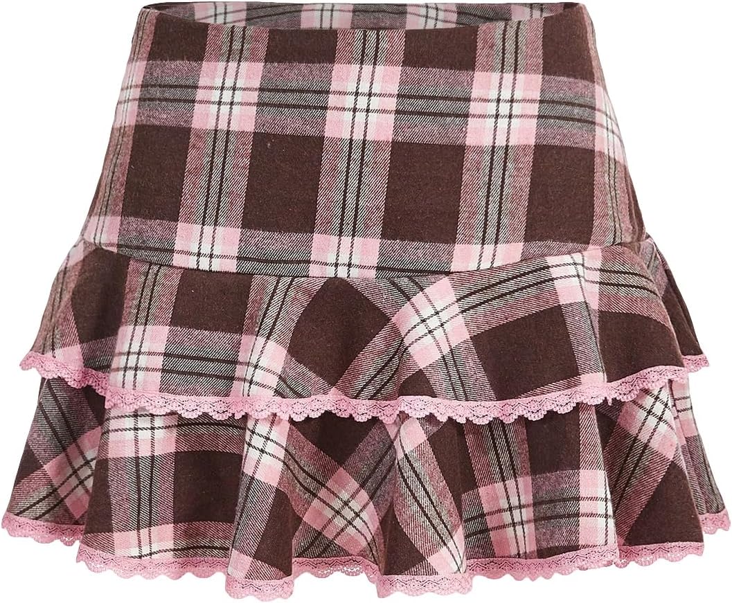 Floerns Women's Y2K Preppy Layered Ruffle Plaid Skirt Floral Lace High Waisted A Line Mini Skirts