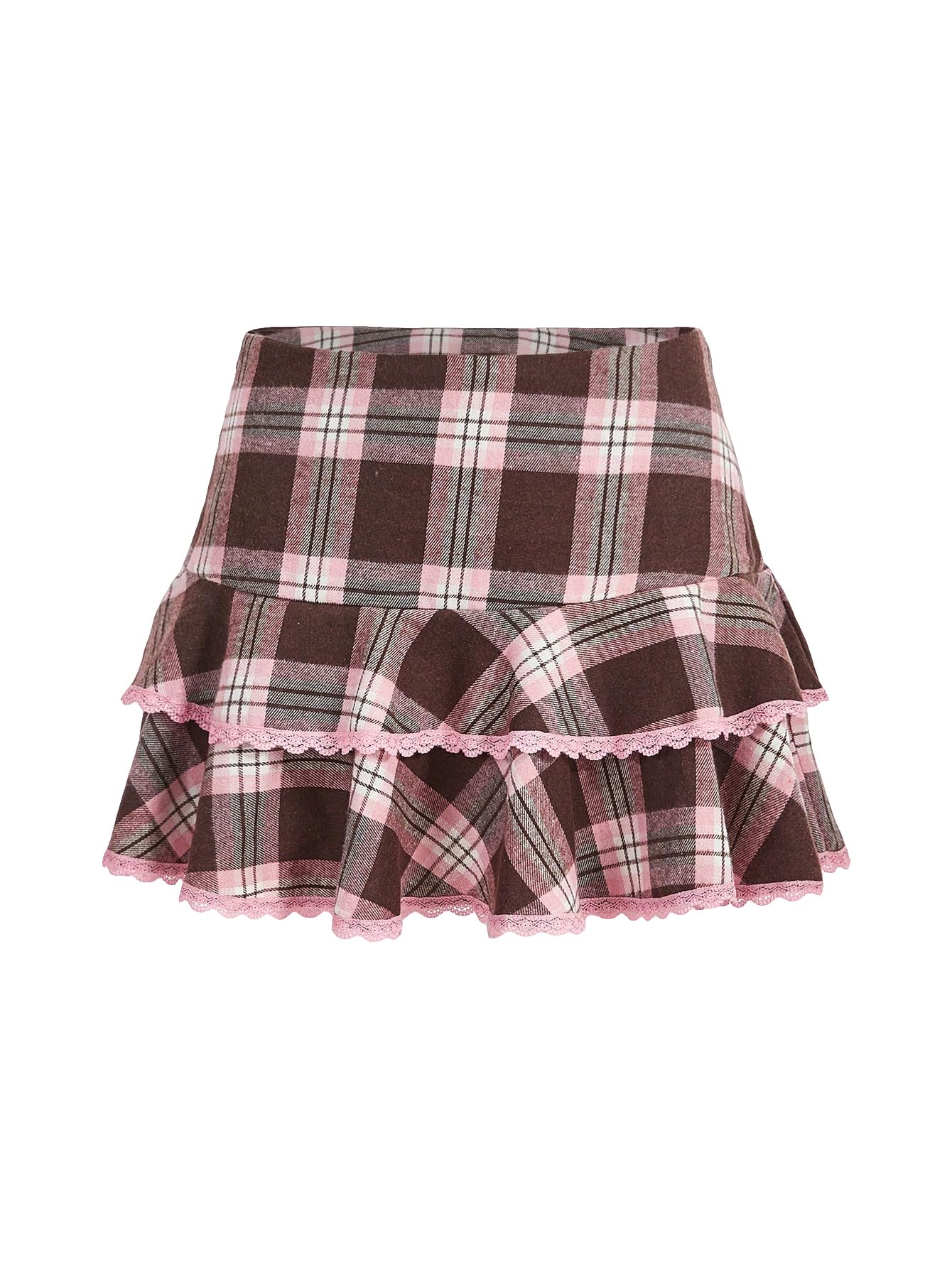 Floerns Womens Y2K Preppy Layered Ruffle Plaid Skirt Floral Lace High Waisted A Line Mini Skirts