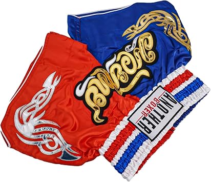 Anotherboxer Unisex Muay Thai Boxing Shorts for MMA Kickboxing Training, Breathable Polyester Fight Shorts with Elastic Waist,Blue+Red M