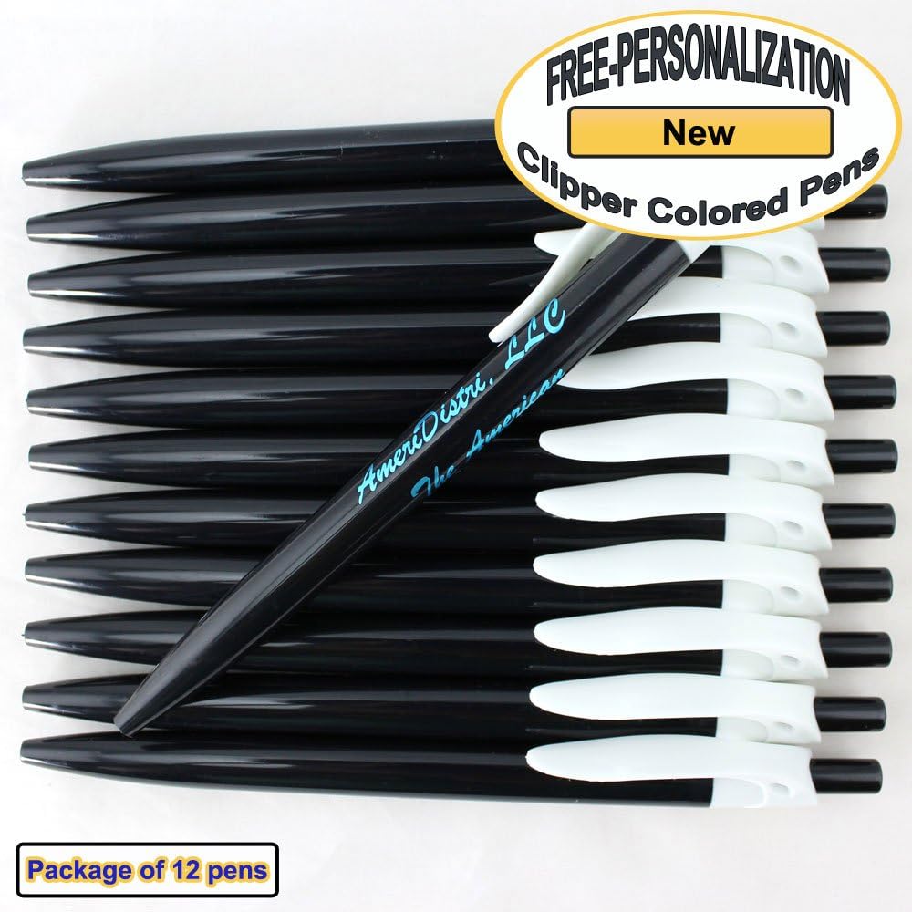 ezpencils - Personalized -Black Solid Color Body with a White Colored Clip - Clipper Colored Pens - Free Personalization