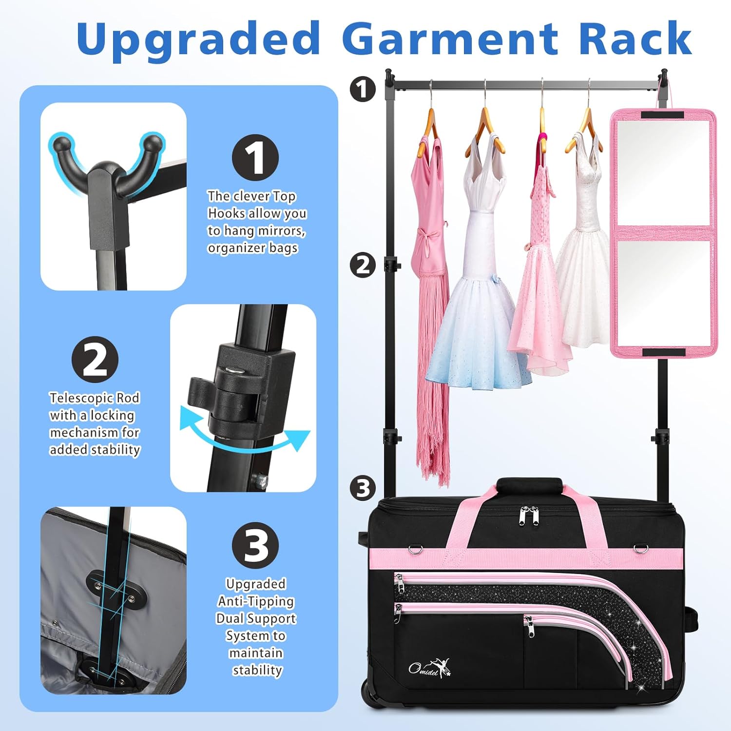 Dance Bag with Garment Rack, 28" Rolling Dance Suitcase Competition Duffle Bag with Garment Rack & Wheels | Versatile Compartments, Upgraded Stable System for Dance Shows, Travel, Cheer, Recital