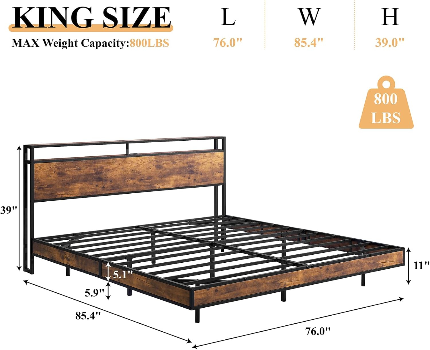 King Floating Bed Frame with LED Lights and Charging Station, RGB Smart Storage Headboard Platform Bed with USB Port & Type-C,Rustic Brown