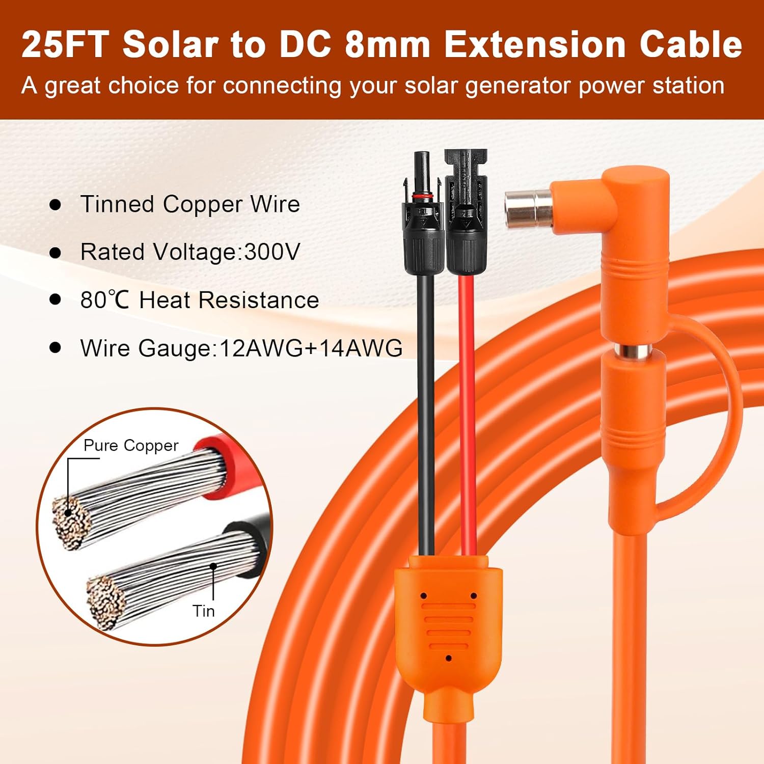 Solar to DC 8mm Charge Extension Cable 25FT,12AWG+14AWG Solar Cable with Solar Panel Connector to DC7909/8020 Compatible with Anker,GZ Yeti,BLUETT,Jackery Portable Power Station