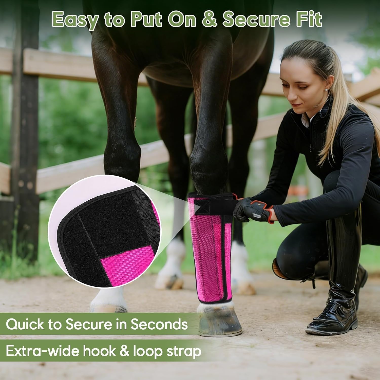Fly Boots for Horses Set of 4, Horse Fly Boots with Reinforced Stitching, Extra-Wide Adjustable Hook & Loop Strap for Secure Fit, Breathable Mesh Fly Leg Wraps for Horse (4Pack, Pink)