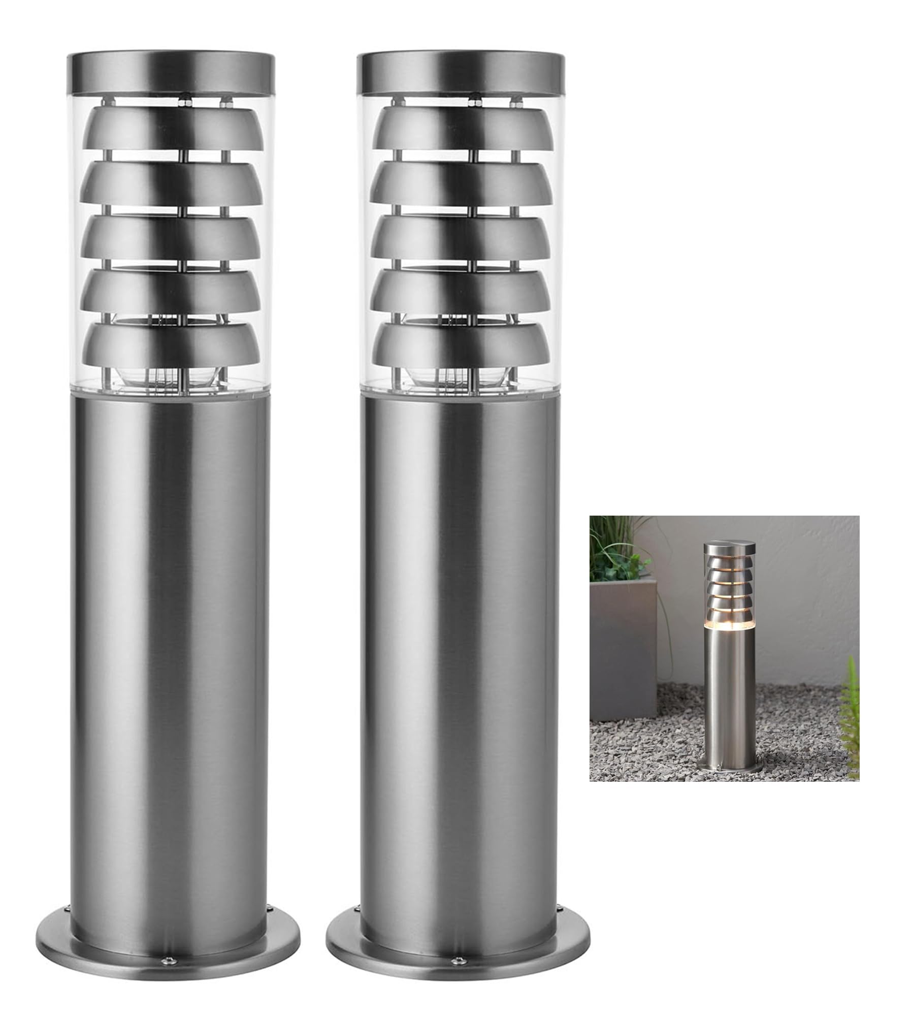 National Lighting Metallic Tango Ip44 Rated Brushed Stainless Steel Bollard Light Fixture For Outdoors - E27 Pedestal Post Light - Led Compatible Garden Post - Walkways, Pathways, Driveways - 450Mm, 2-Pack