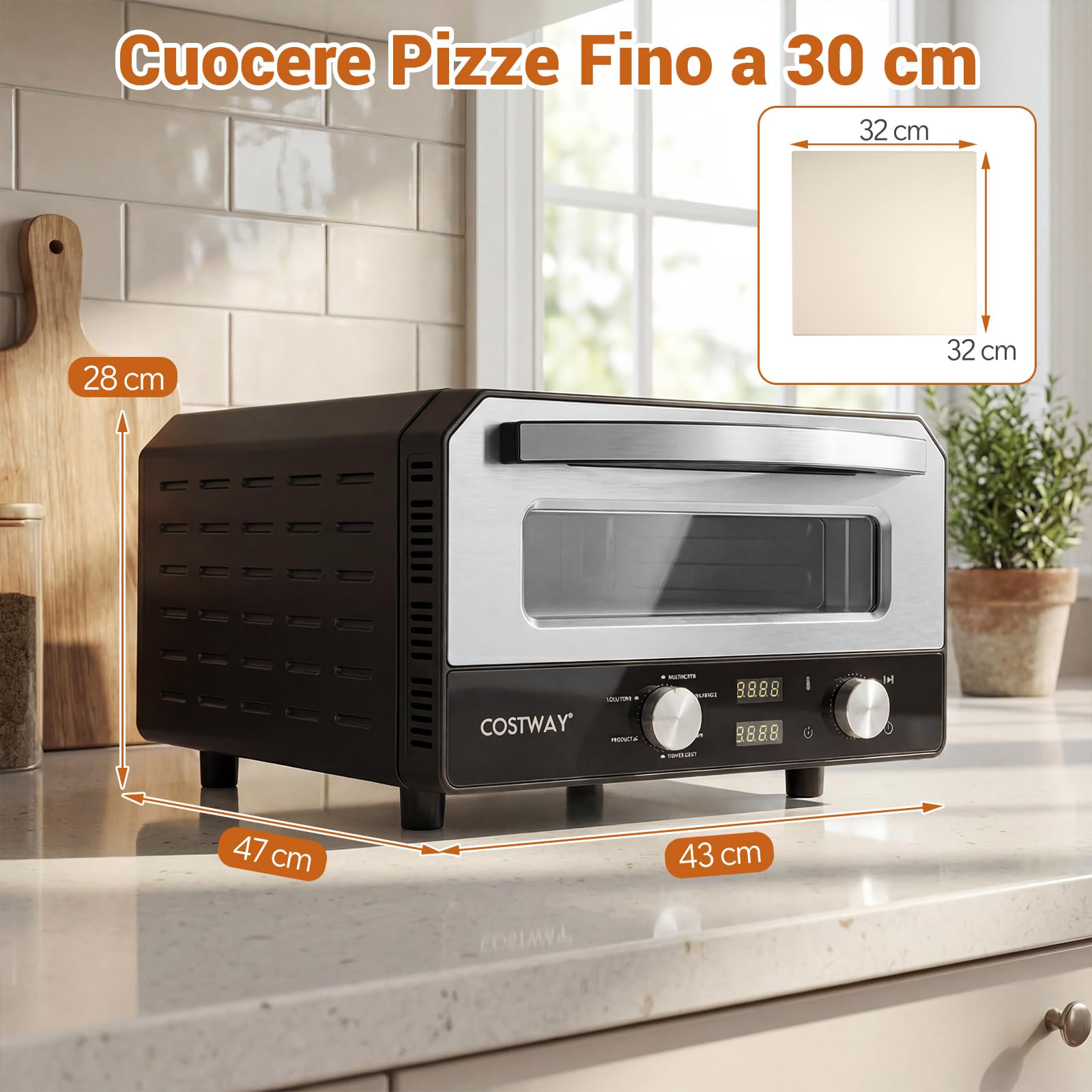 COSTWAY Forno Pizza Elettrico, 1700 W Macchina per Pizza Professionale con 6 Modalità Preimpostate Taglierina e Pietra Refrattaria, Raggiunge fino 400°C, 43x47x28 cm