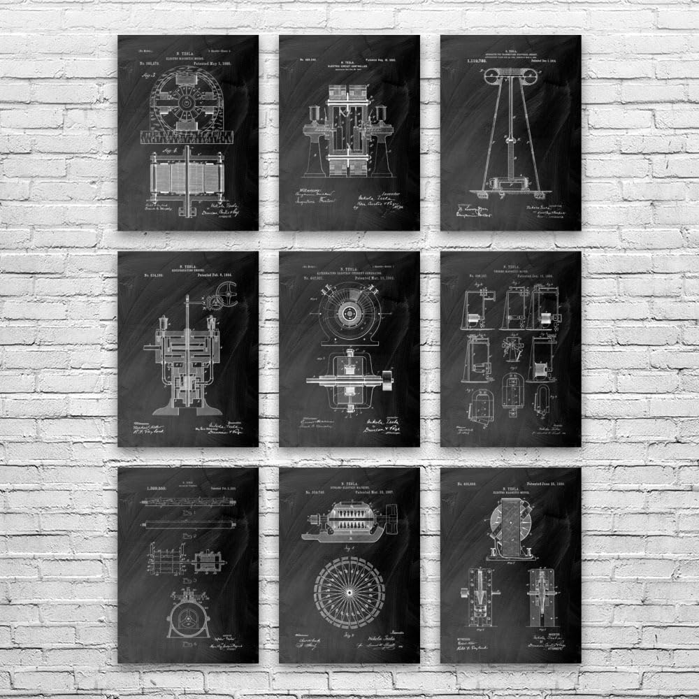 - Nikola Tesla Patent Posters Set of 9 (8x10), Nikola Tesla Art, Technology Gift, Science Art Print, Engineer Gift, Wall Art Black Chalkboard