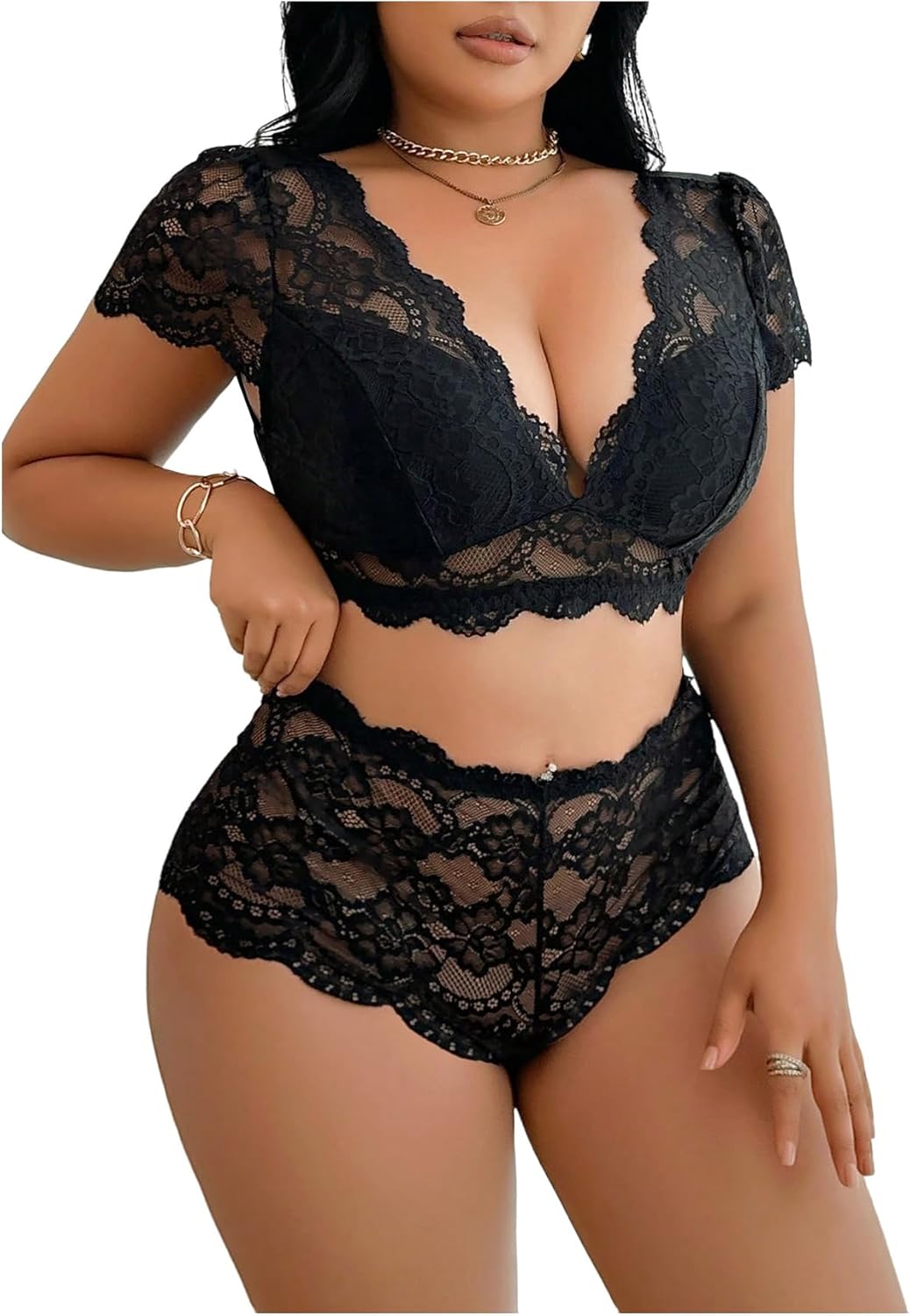 OYOANGLE Women's Plus Size 2 Piece Lingerie Set Lace Sheer V Neck Short Sleeve Bra and Panty