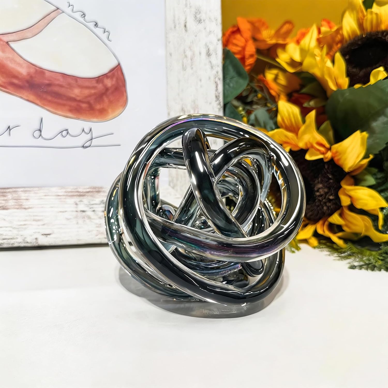 Glass Knot Teal Decor Ball - 5 Inch Hand Blown Infinity Sculpture Orbit Home Decor Table Decoration Interio Art