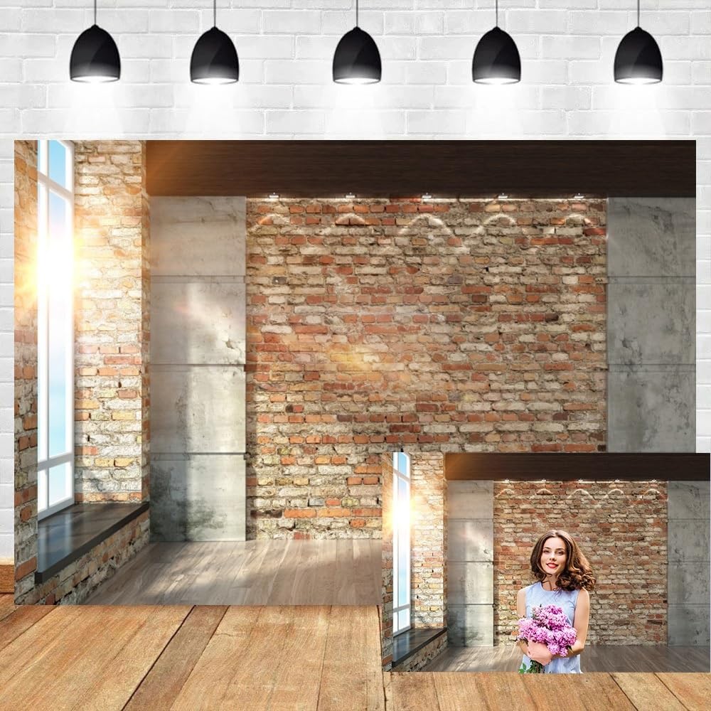 Leyiyi 12x10ft Photography Background Modern Room Interior Backdrop Vintage Brick Wall Window Sunlight Wooden Floor Cement Marble Study Inside Bedroom