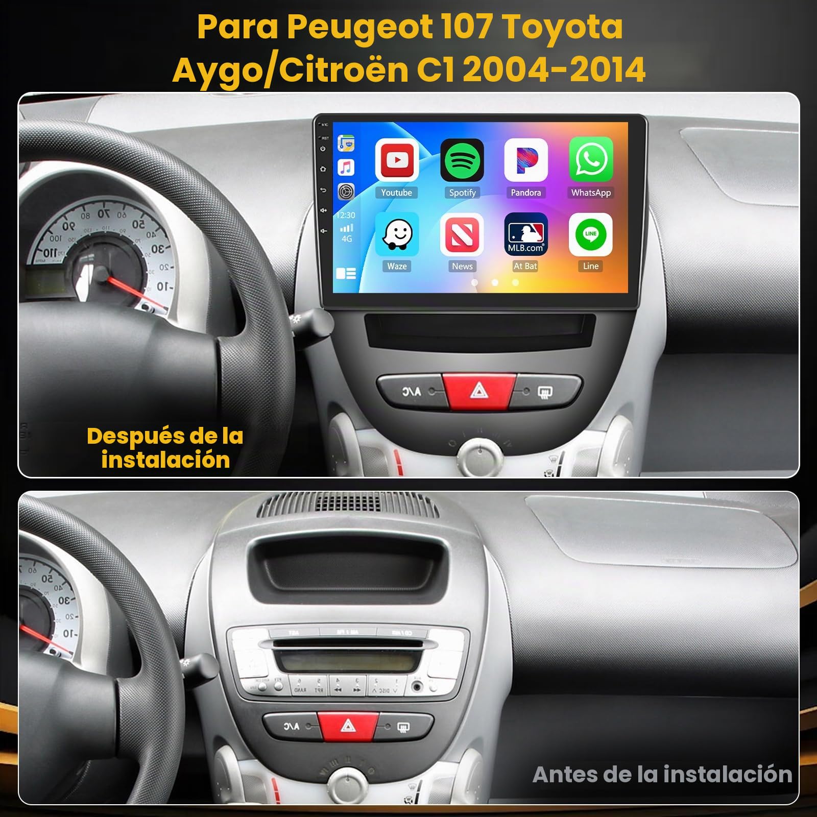 Hikity 2+64G Android 15 Radio Coche para Peugeot 107 / Toyota Aygo/Citroen C1 2004-2014 con 10,1" Pantalla Táctil, 2 DIN Radio con Carplay inalámbrico Android Auto Radio FM/RDS BT GPS WiFi +Cám+Mic