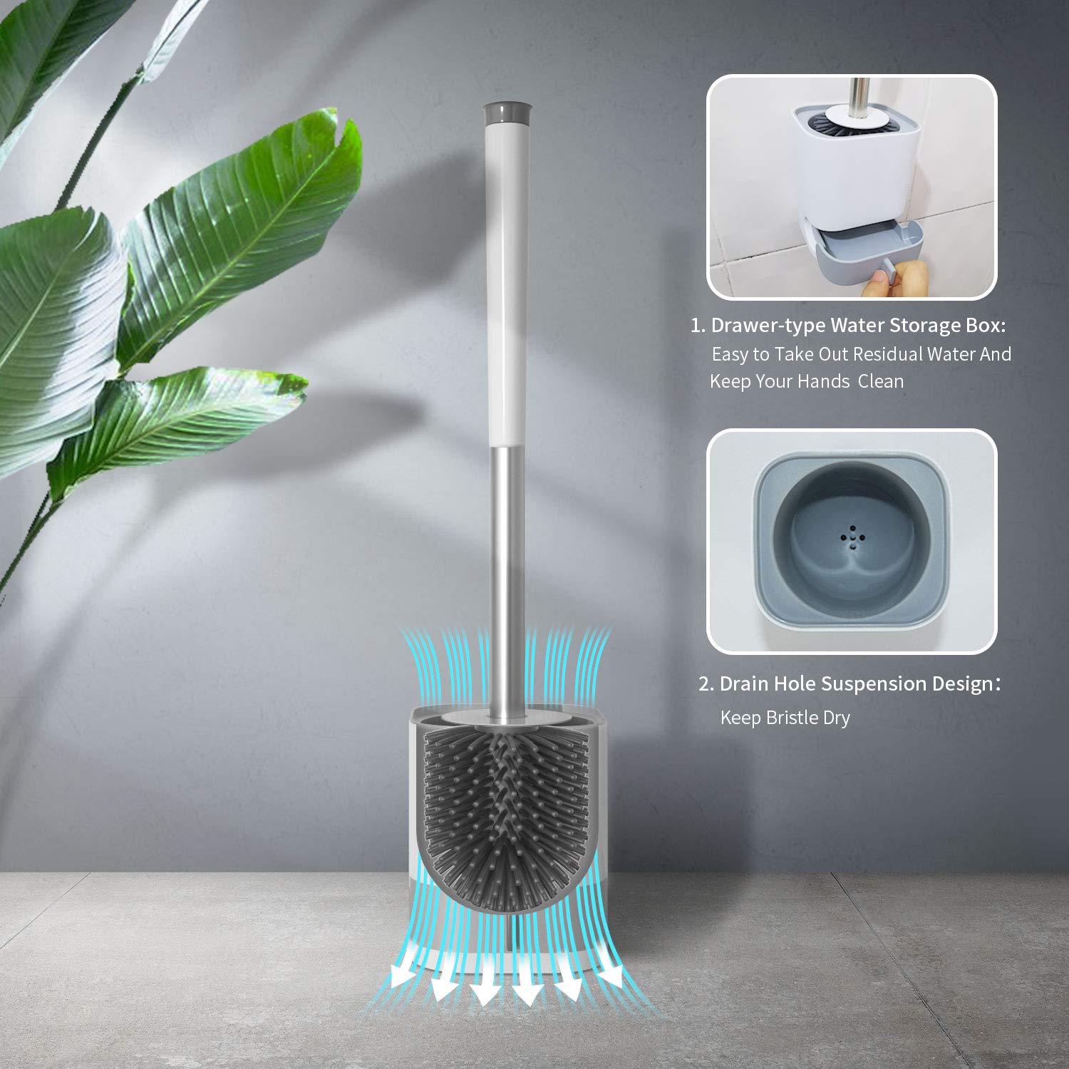 Blanc Brosse WC Silicone - Brosse Toilette et Supports, Anti-goutte, Antibactérienne, Balai WC Ventilée, Séchage Rapide sans Odeur, Balayette WC Montage au Sol, Salle de Bain et WC