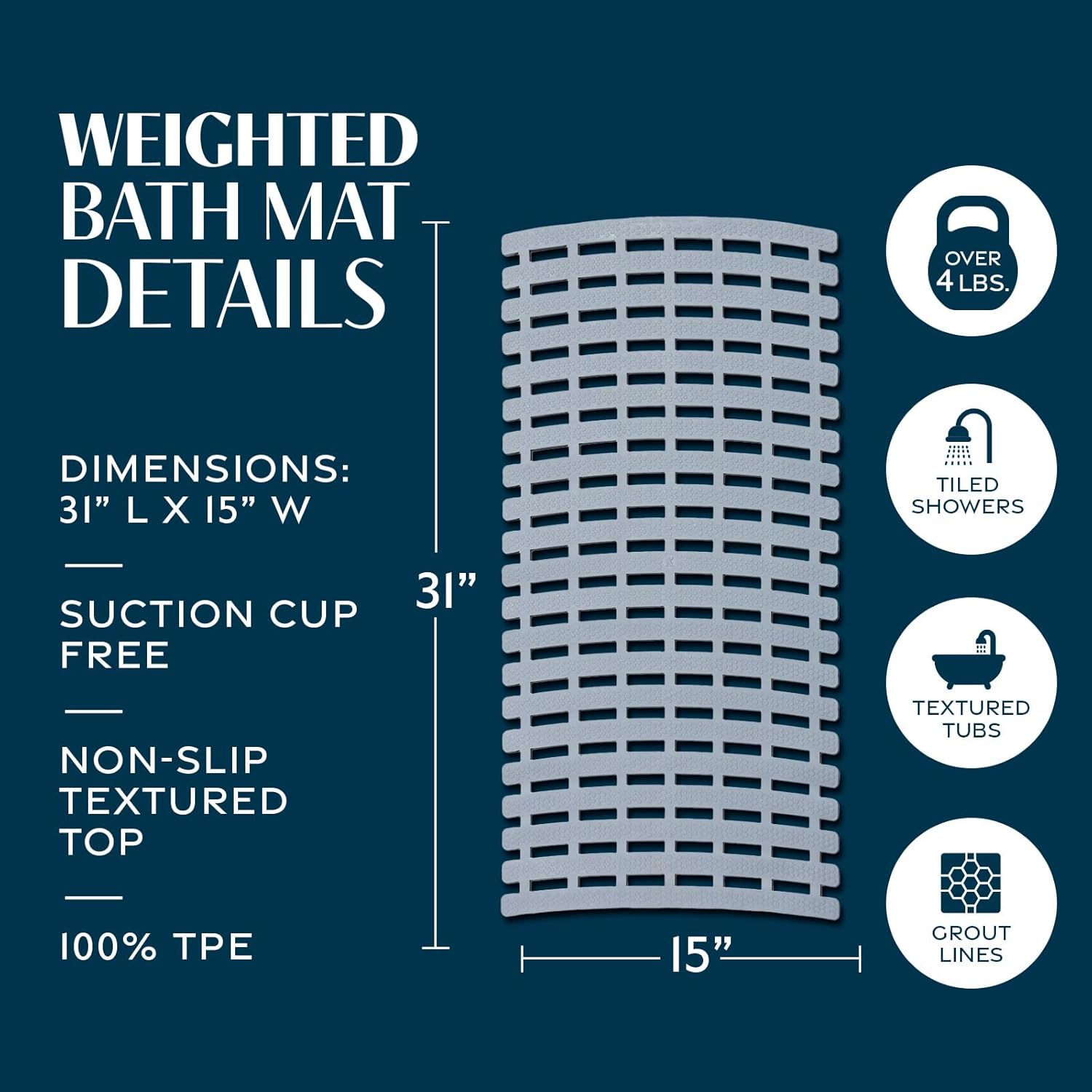 SlipX Solutions Weighted Non Slip Bath Mat for Textured Tub & Shower Surfaces, Patent Pending, Anti Slip Bathtub Safety Without Suction Cups, Doesn’t Float, Works on Tile & Stone 31” x 15”, Gray