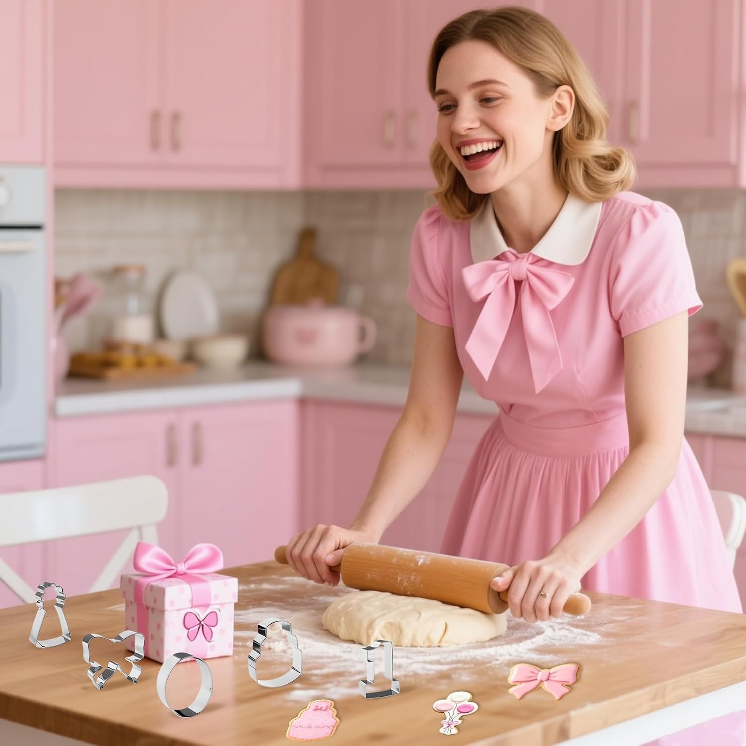 7 Pieces Bow Knot 1st Birthday Cookie Cutters Set - Stainless Steel Cookie Biscuit Cutting Molds for Number 1 Cake Birthday Hat Balloons One Year Old Party DIY Craft Home Baking Supplies