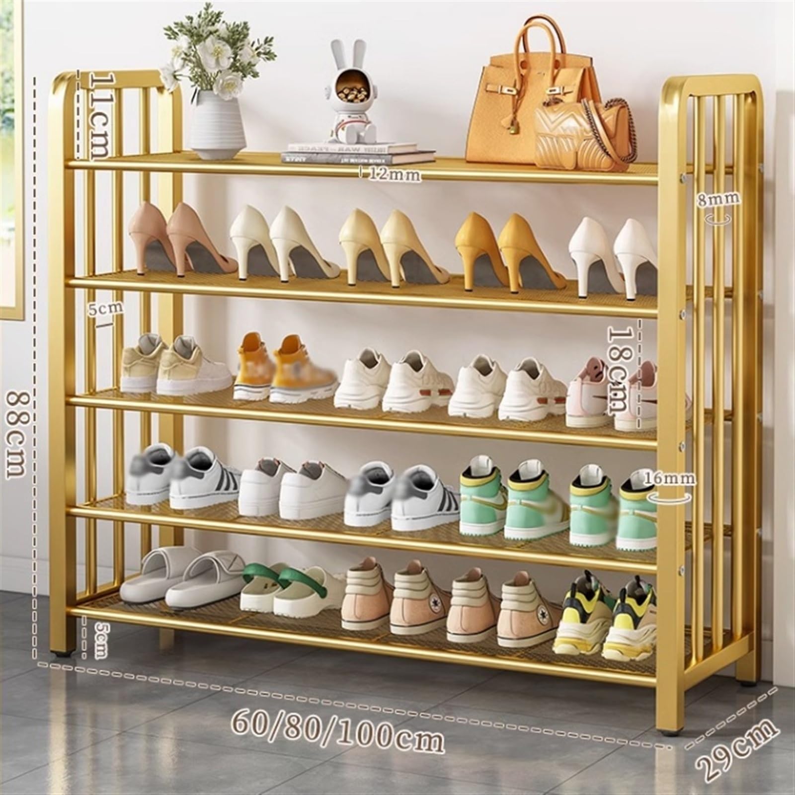 Shoe Rack Shoe Rack for Entryway, 3/4/5 Tiers Metal Mesh Freestanding Shoe Organizer, Space Saving Shoe Storage Shelf for Hallway, Living Room,Closet(Black/Gold) Shoe Organizer Rack(Black,5-Layers 100