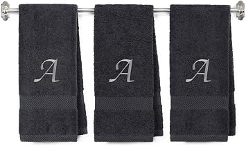 BY LORA Embroidered Monogram Hand Towel 3 Pack, Initial A, Charcoal