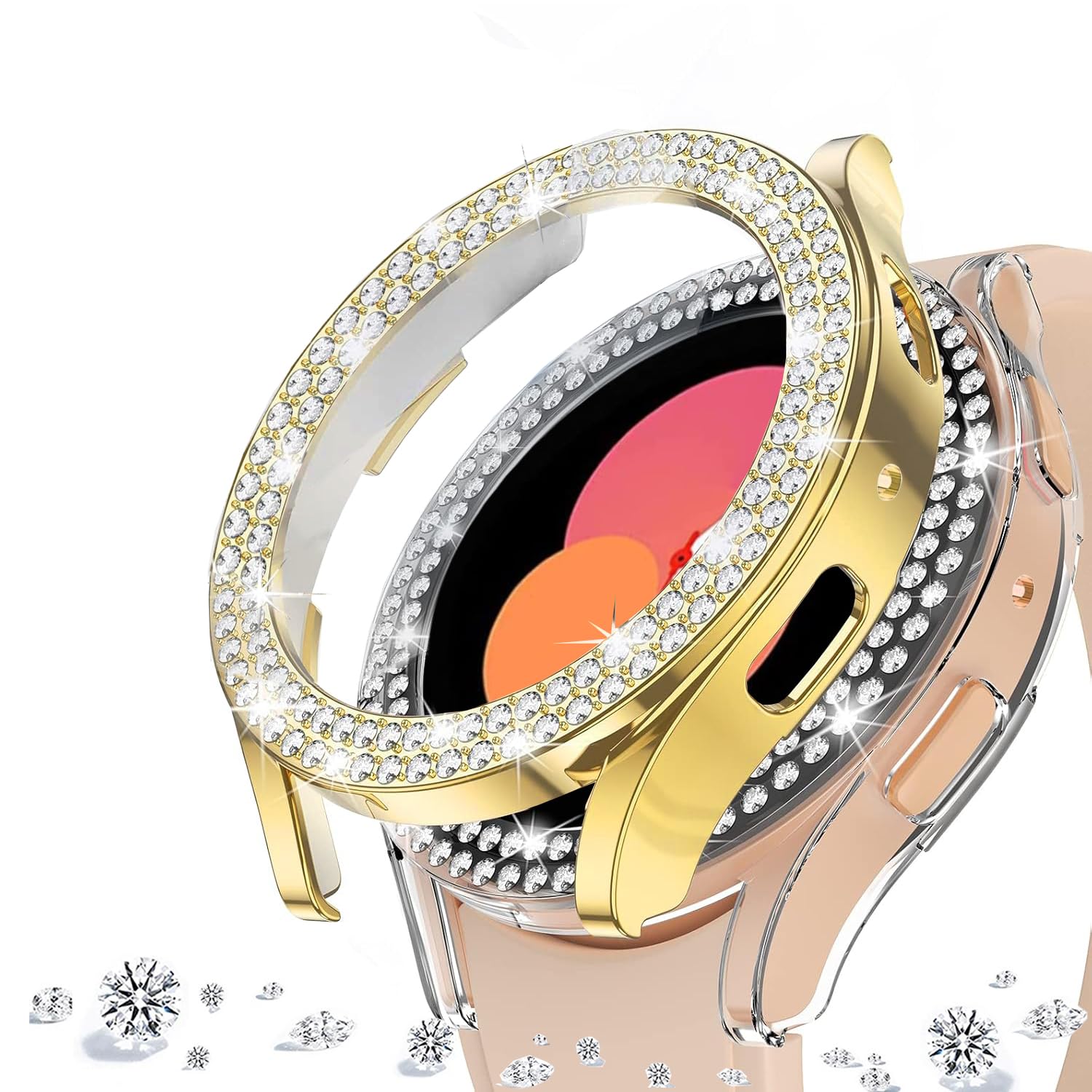 DEALELE [2-PACK] Case Compatible with Samsung Galaxy Watch FE / 5/4 40mm, Bling Double-row Diamond PC Protective Case Protector Cover, 40mm, Gold + Transparent