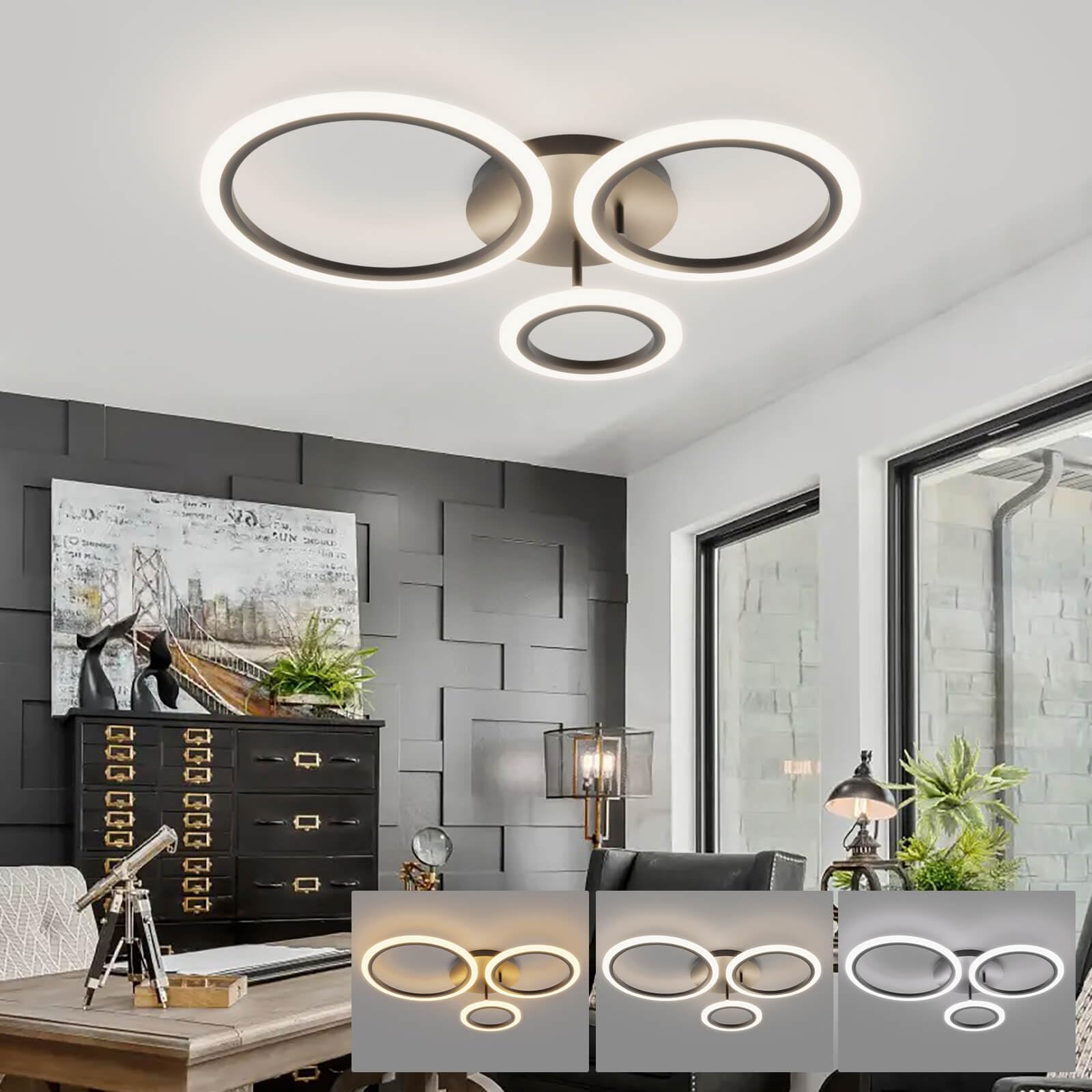 KeLuKes Black LED Ceiling Light, 59cm Dimmable 3-Ring Lighting with Memory Function, 46W Smart Ceiling Lamp for Living Room & Bedroom — image 1