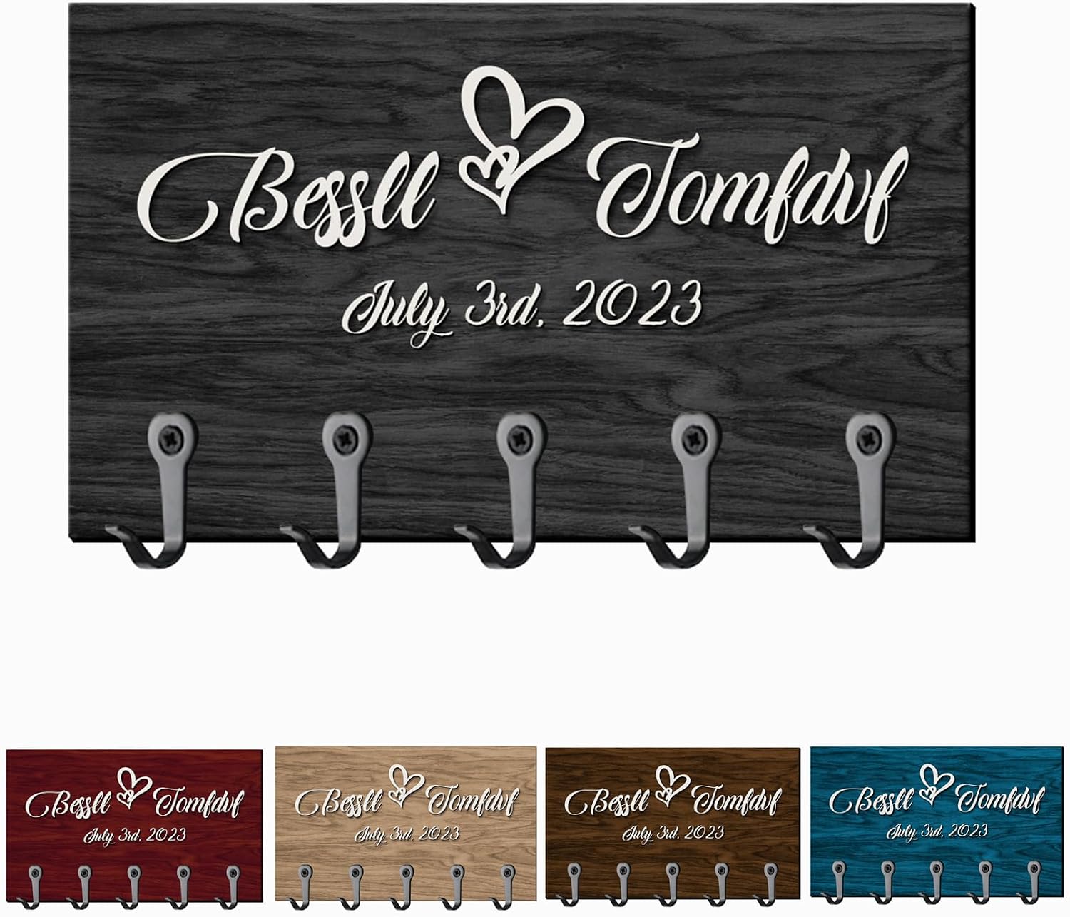 Personalized Couple Name Key Holder for Wall Wedding Gift Wood Key Hanger Custom Name Date Key Rack Mr Mrs Wedding Housewarming Key Ring Hook Hanger New Home Gift for Newlywed Friend Family Couple