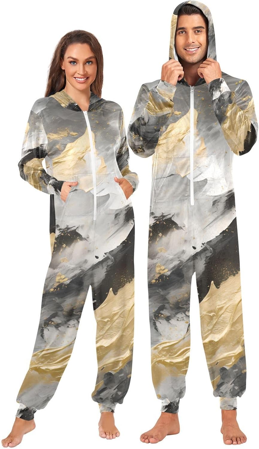 Black Marble Gold Grey Fluid Unisex Adult Onesie Pajamas Comfy One Piece Costume Jumpsuits Novelty Sleepwear Homewear for Men Women