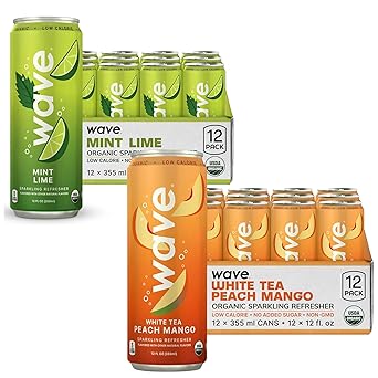 WAVE Sparkling Refreshers | عصير فوار | ترطيب عضوي | مشروب منخفض السعرات الحرارية | 2x 12 عبوة | شاي أبيض خوخ مانجو وليمون نعناع