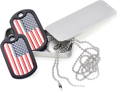 Paialco American Flag Dog Tags Military Necklace Set with Chains & Black Silencers