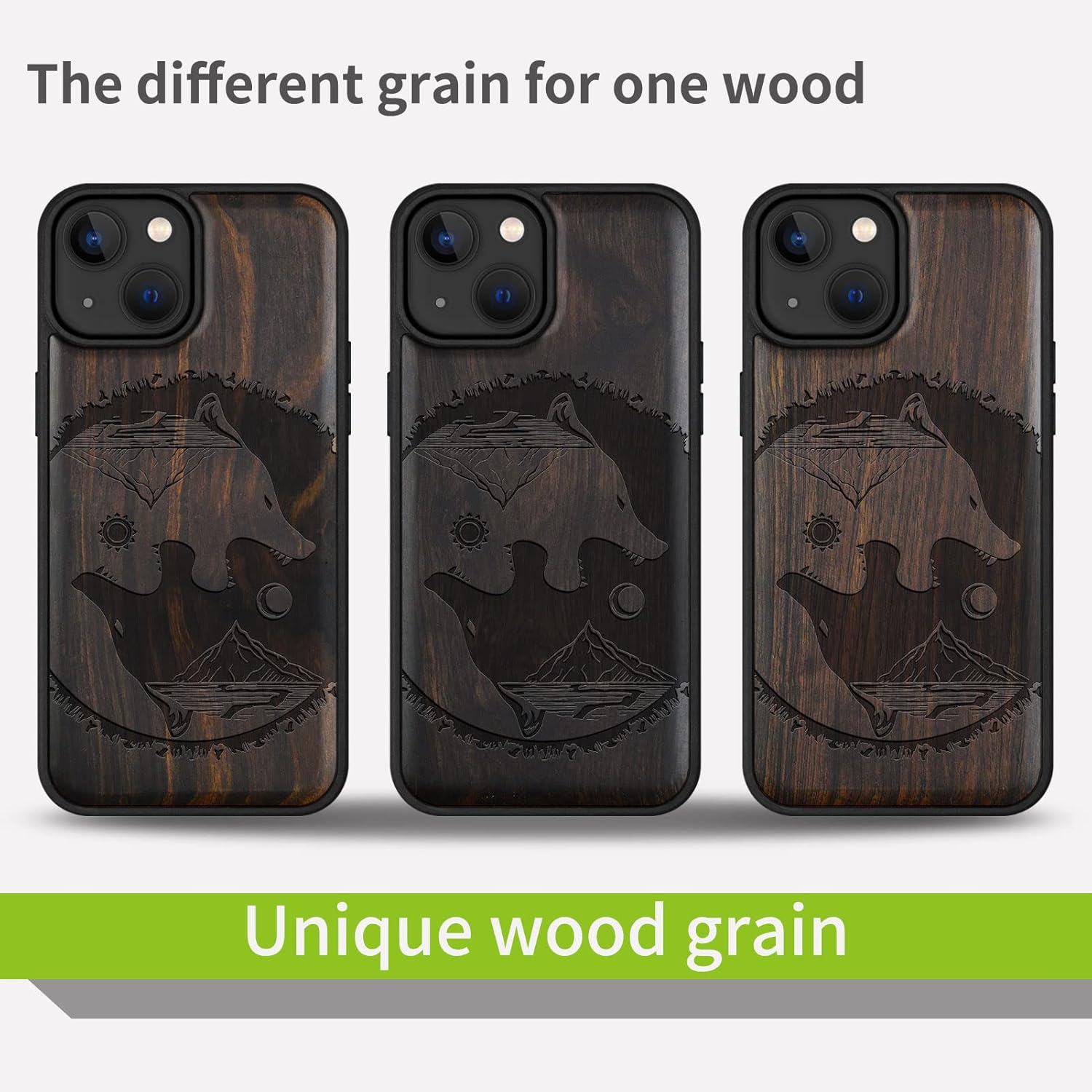 Carveit Magnetic Wood Case for iPhone 14 Case [Natural Wood & Black Soft TPU] Unique & Classy Wooden Shockproof Protective Cover Compatible with magsafe (Yin Yang-Wolf-Tai Chi -Blackwood)