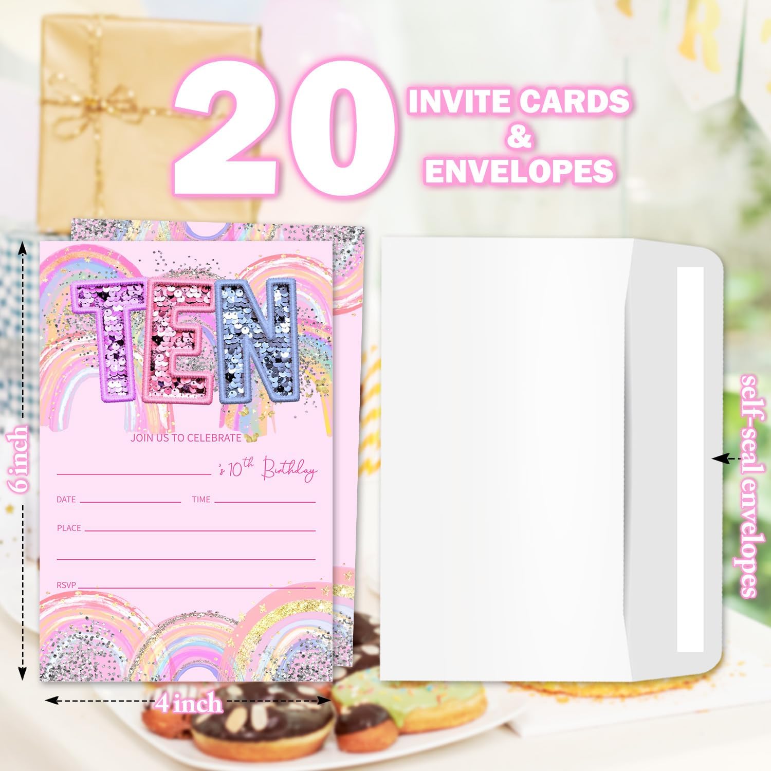 Rainbow 10th Birthday Invitations Girl, Glitter Ten Birthday Party Invites, 10 years old Invitations With Envelopes For Kids Party Decorations Celebration (20 pcs) /BIR-02