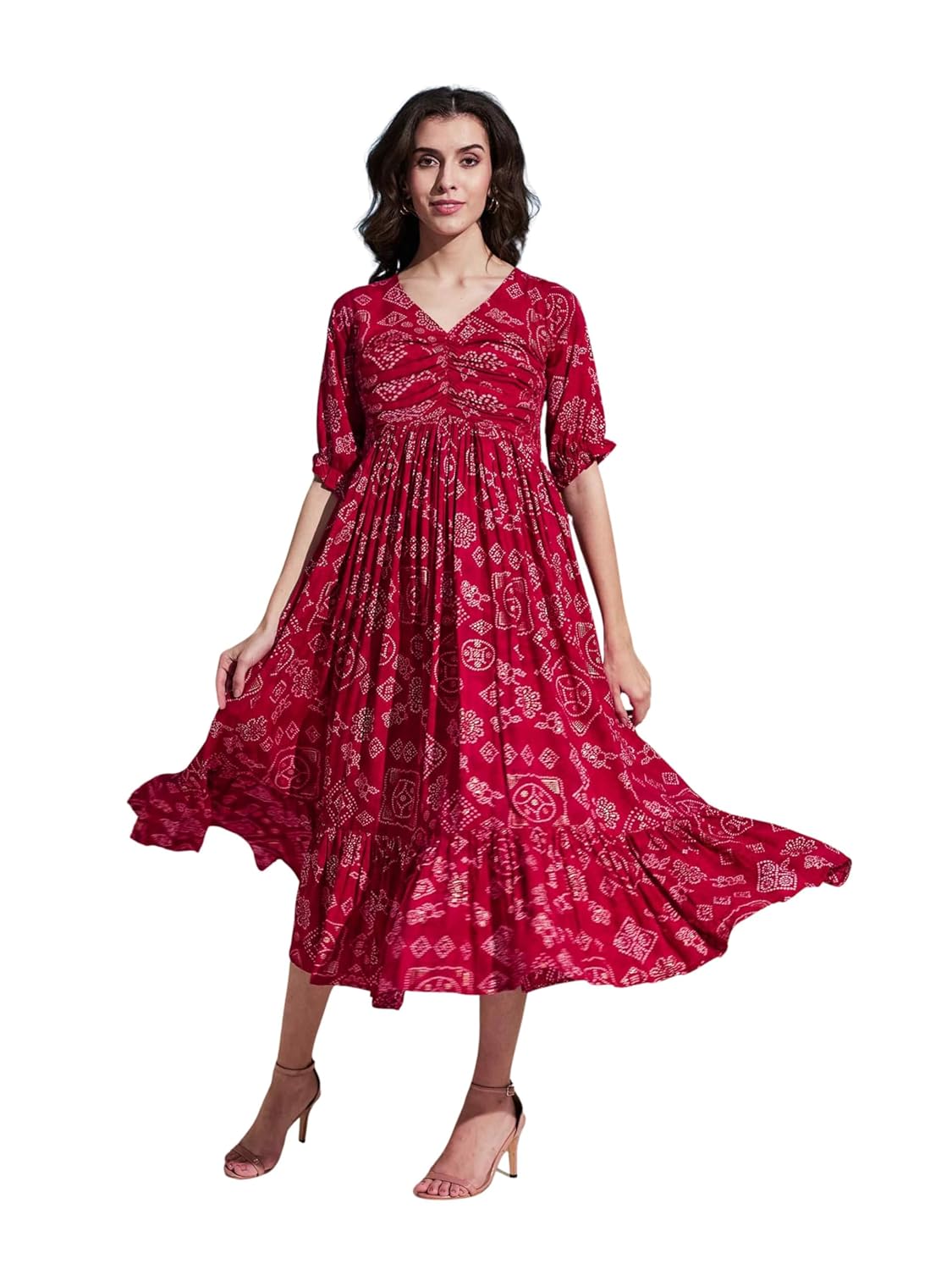 Bandhani Printed Midi Dress Women’s | Elegant Fit & Flare Puff Sleeve Dress | Daily