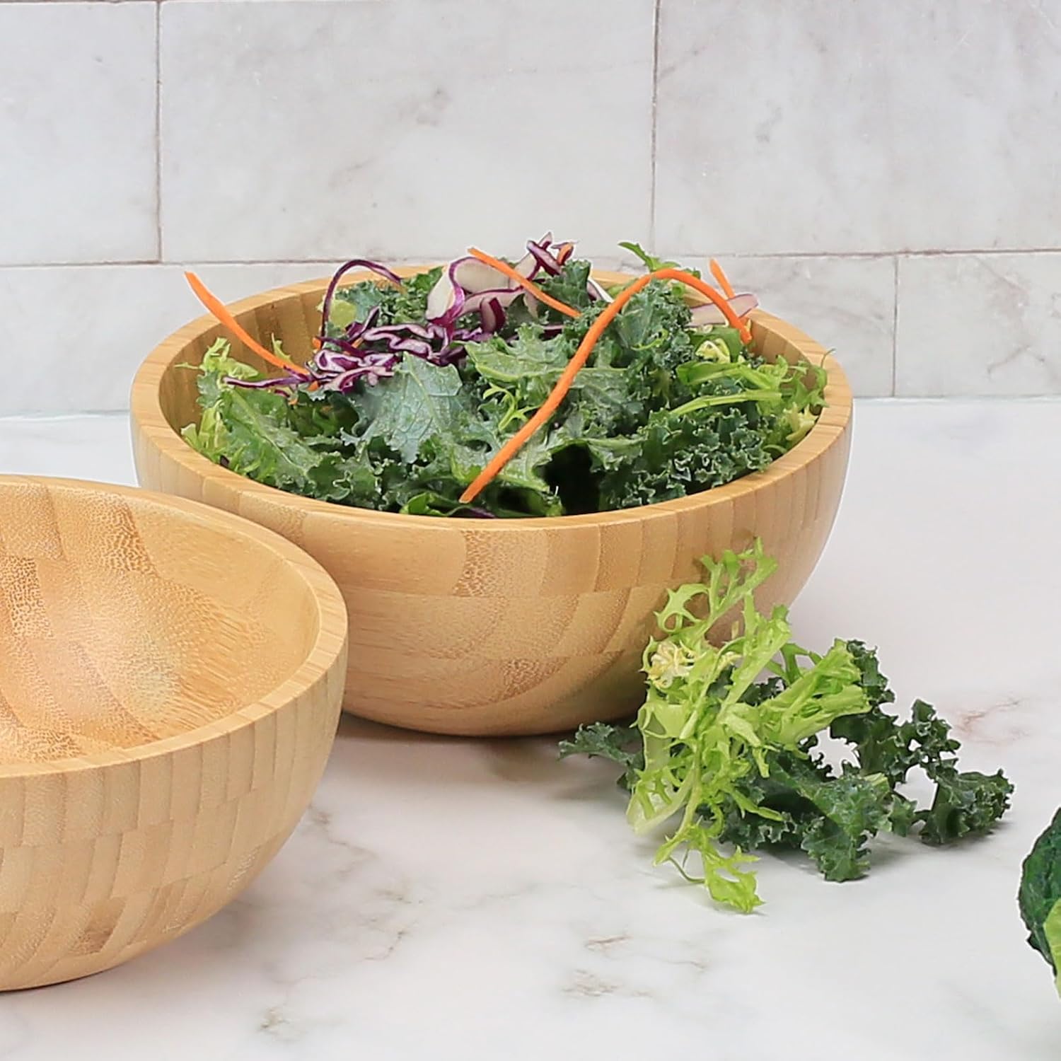 Bamboo Salad Bowls, 8 Inch Big Round Bamboo Wooden Bowls for Salads/Fruits/Pasta/Vegetables, 49 Fl oz Handcraft Serving Bowl for Entertaining and Party, Rustic Home Decor Set of 2 - Image 8