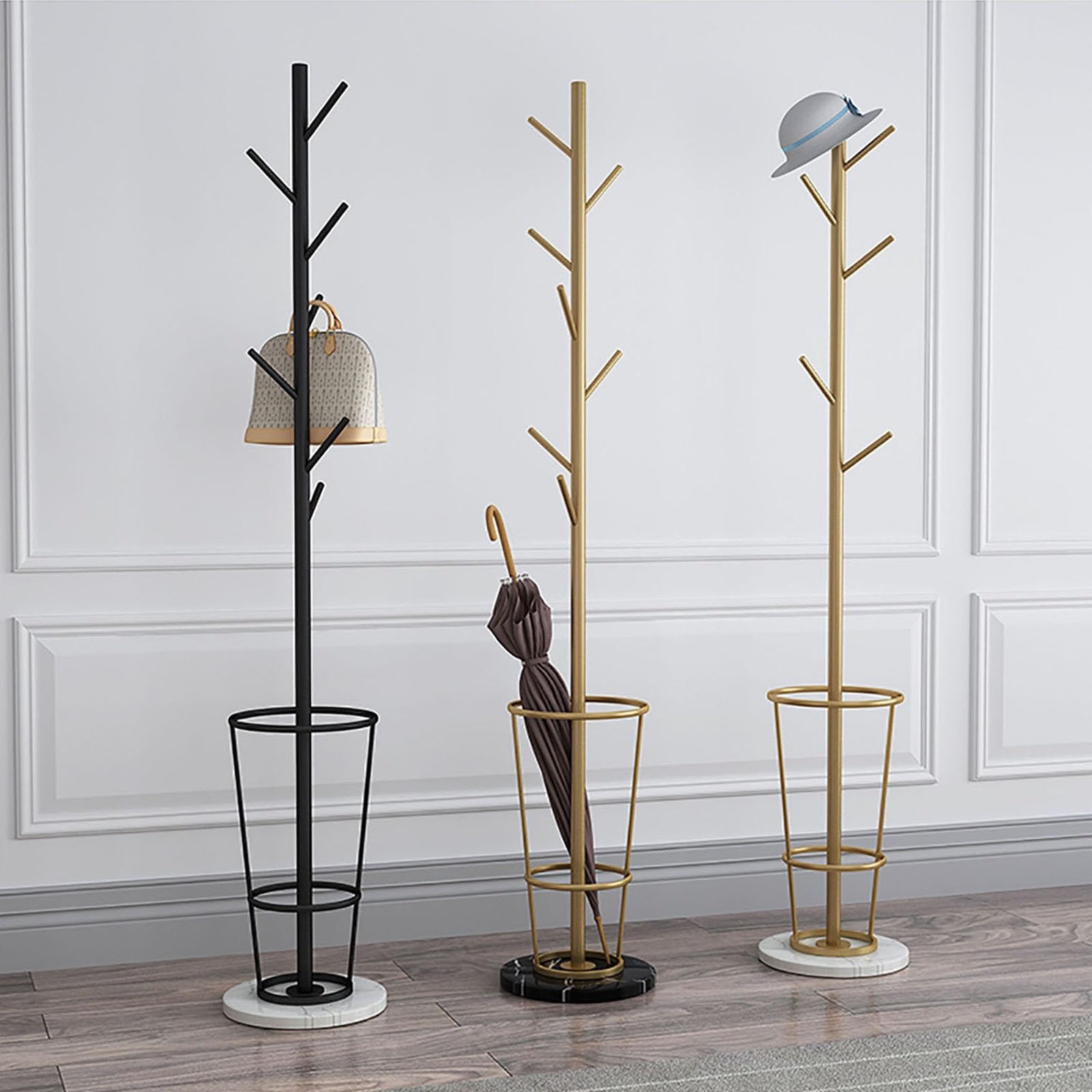 Portaombrelli in metallo con base in marmo e appendiabiti, elegante porta ombrelli da ingresso, design salvaspazio con ganci multipli per nization