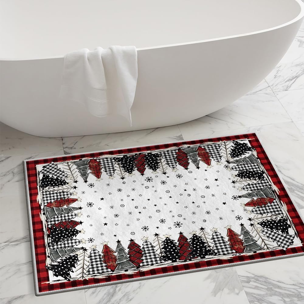 Artoid Mode Watercolor Red Buffalo Plaid Xmas Tree Merry Christmas Door Mat, Winter Home Decor Low-Profile Non-Slip Washable Area Rug for Kitchen Entryway Bedroom Bathroom Laundry Room Indoor 2x3 Feet