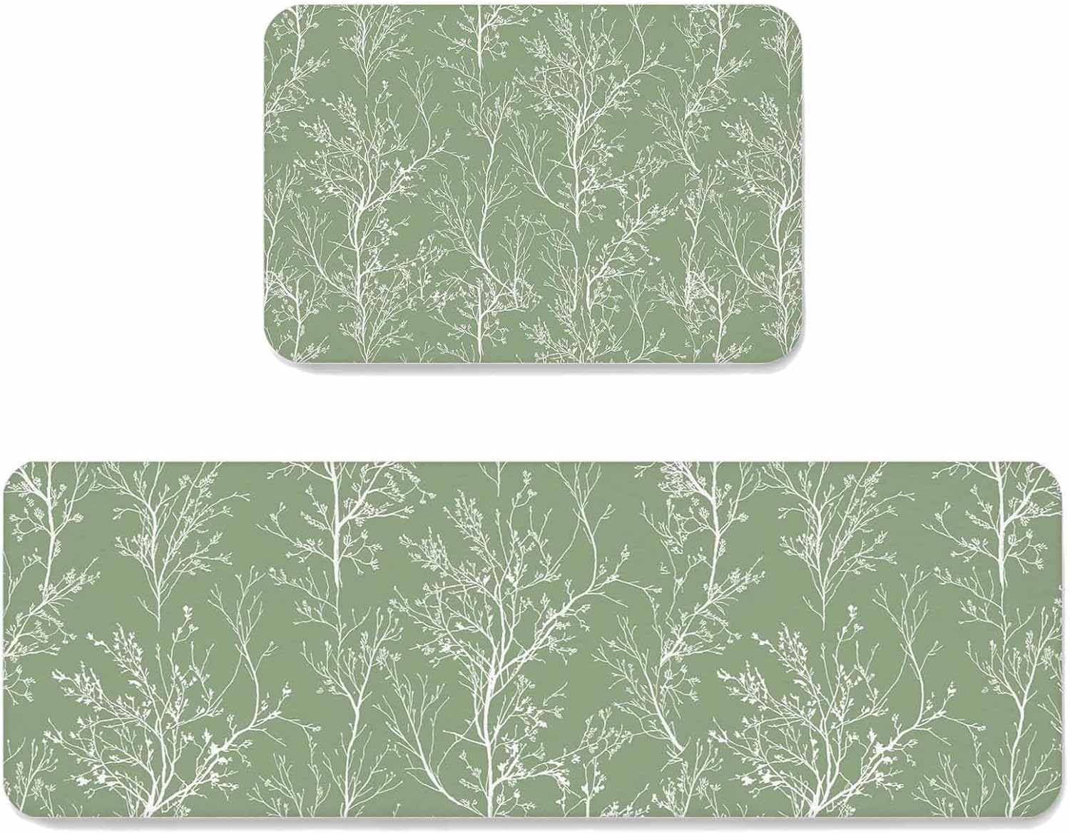 Light Green Kitchen Mats Set of 2 White Tree Branch Botanical Abstract Plant Leaves Non Slip Mat Washable Floor Rug for Kitchen Sink Floor Laundry, 23.6"x35.4"+23.6"x70.9"