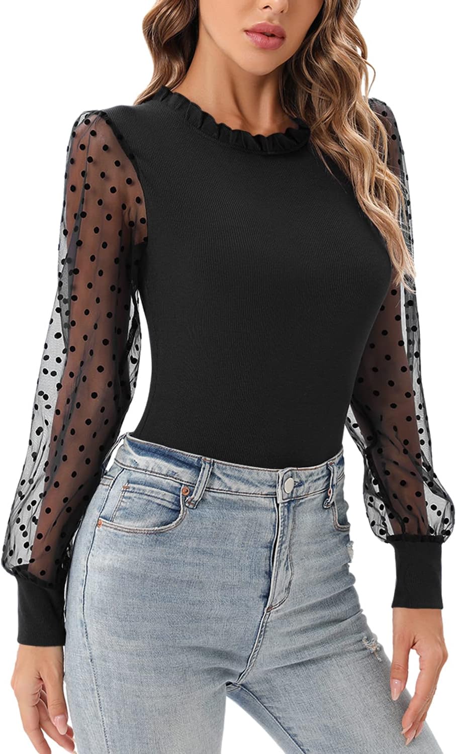 MISSJOY Women's Mock Turtle Neck Long Sleeve Polka Dot Sheer Mesh Ribbed Ruffle Slim Fit Stretchy Bodysuit Top - Image 2