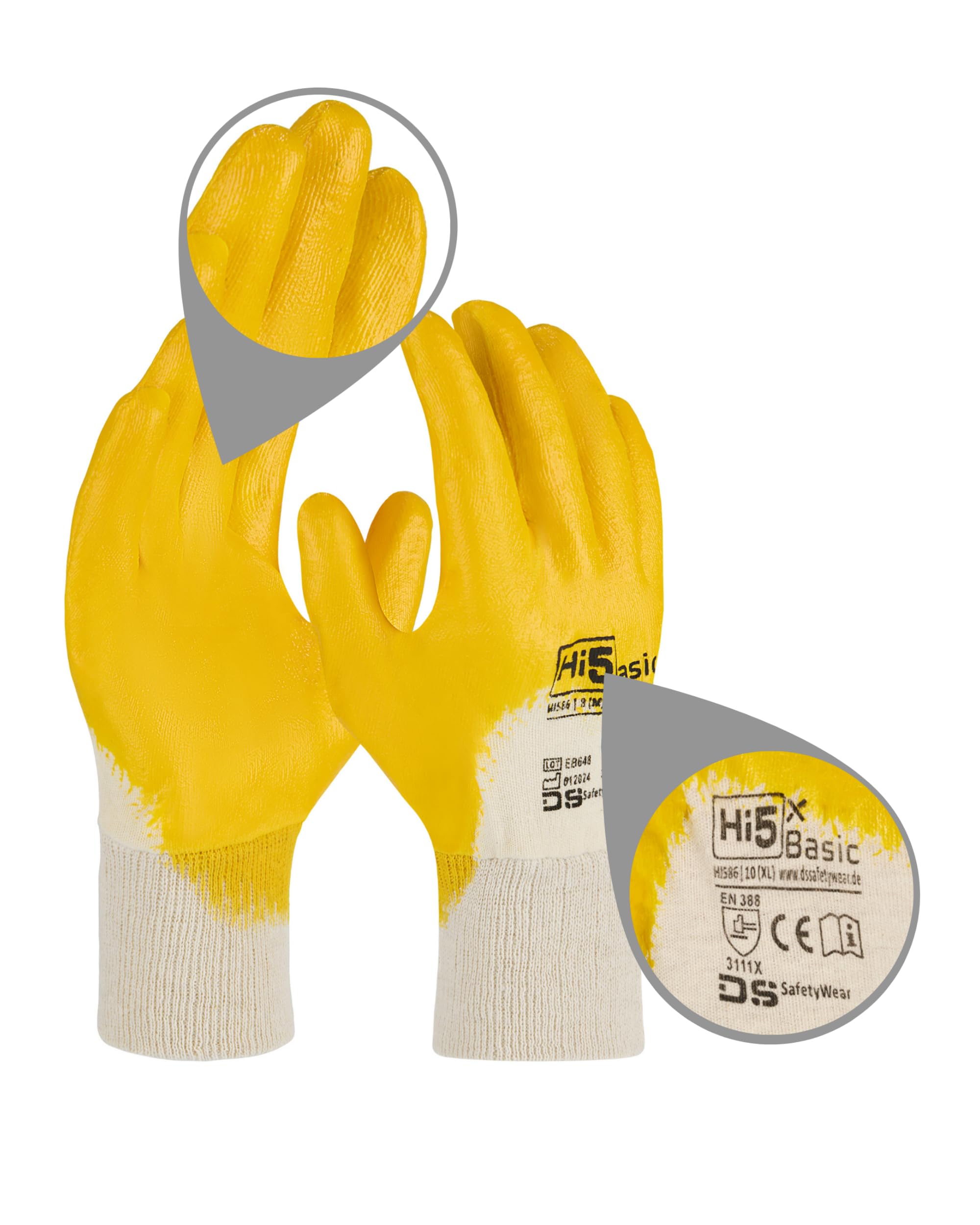 Hi5 X-Basic Arbeitshandschuhe – Interlock-Baumwolle – 3/4 glatte Nitrilbeschichtung – EN 388:3111X – robust & griffig – weiß/gelb (XL, 120, stück)