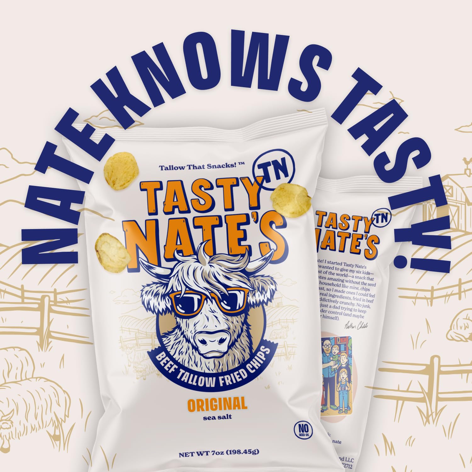 Tasty Nate’s Beef Tallow Potato Chips Original Sea Salt Kettle Chips Made with 100% Beef Tallow Seed Oil Free - Gluten Free Healthy Snacks Paleo Friendly 7oz Bag - Pack of 4