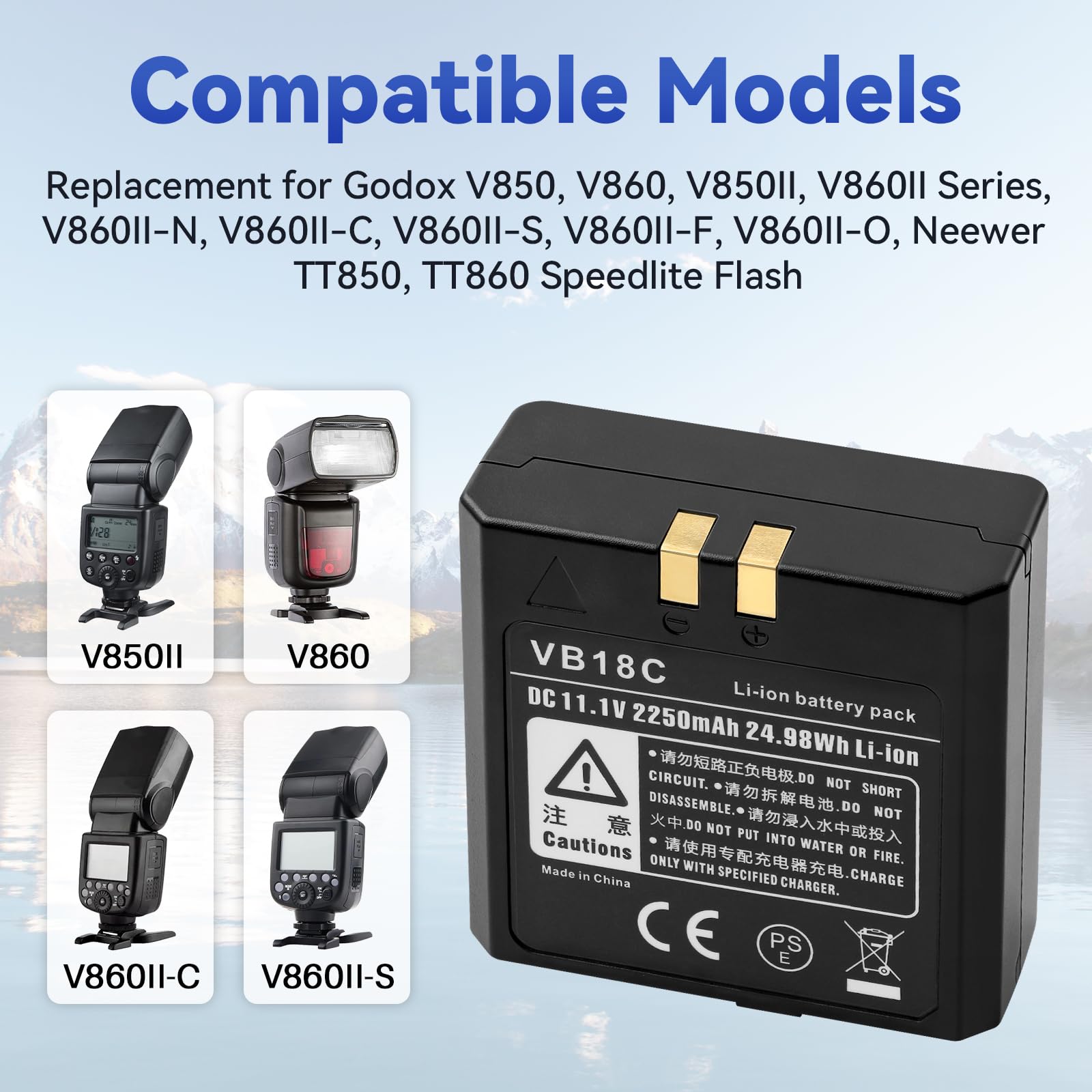 K KYUER VB18 Flash Batterie pour Godox V850 V860 V850II V860II Series, 2250mAh Batterie Compatible avec V860II-N V860II-C V860II-S V860II-F V860II-O, Neewer TT850, TT860 Speedlite Flash, Type-C Cable