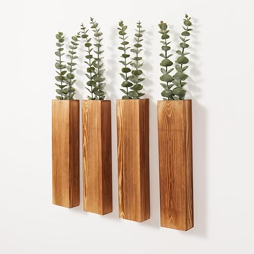 Vista 8 de Paquete de 2 macetas de pared de madera con 4 tallos de eucalipto sintético extraíbles, decoración moderna de pared de granja para sala de estar